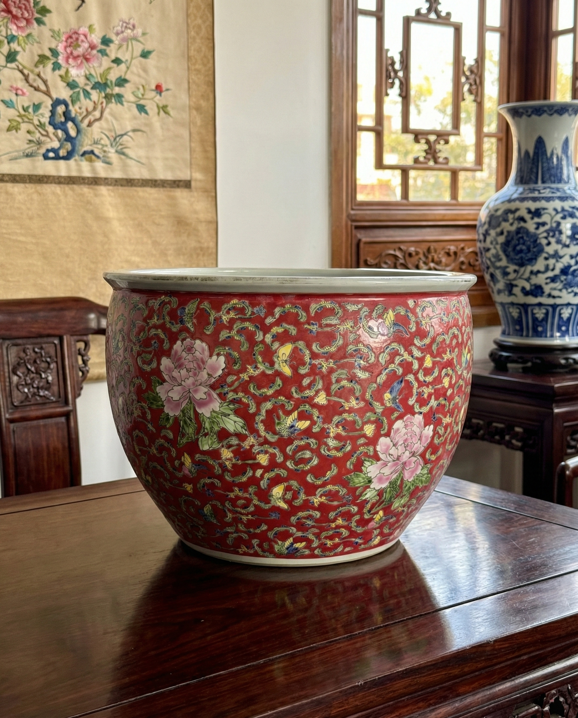 20th Century Chinese Porcelain Fish Bowl – Butterflies & Peonies (16”)