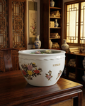 20th Century Chinese Porcelain Fish Bowl – Floral Motif with Gilt Accents (16”)