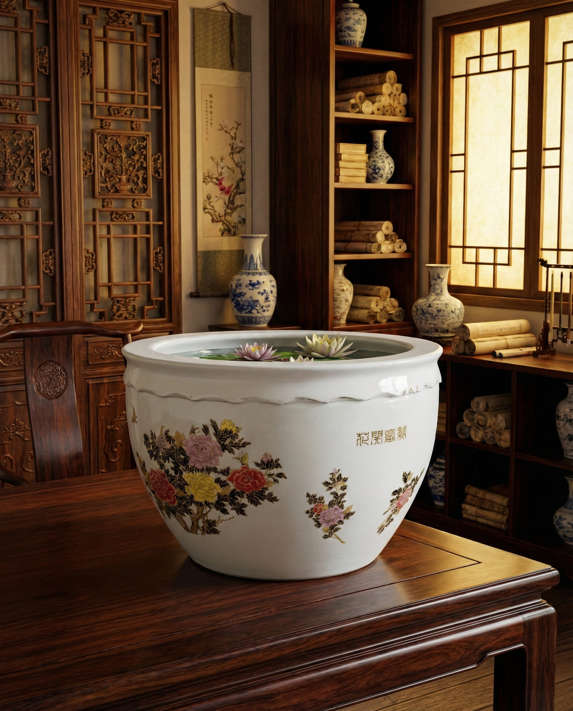 20th Century Chinese Porcelain Fish Bowl – Floral Motif with Gilt Accents (16”)