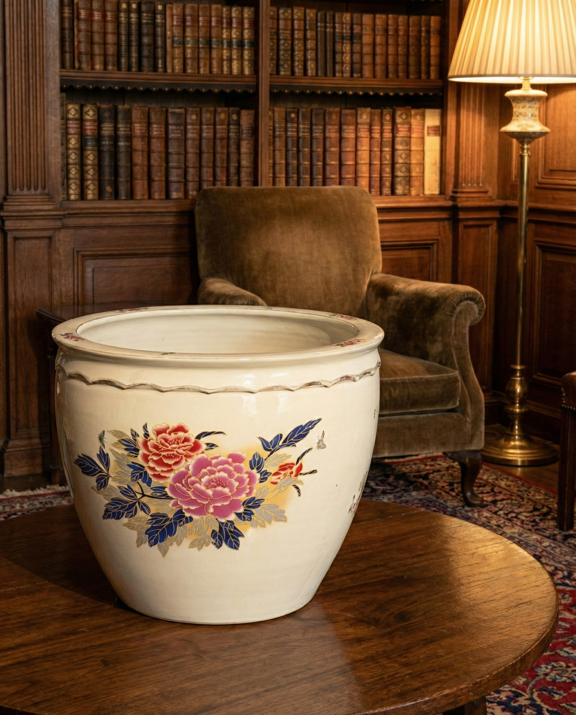 20th Century Chinese Porcelain Fish Bowl – Peony Motif (16”)