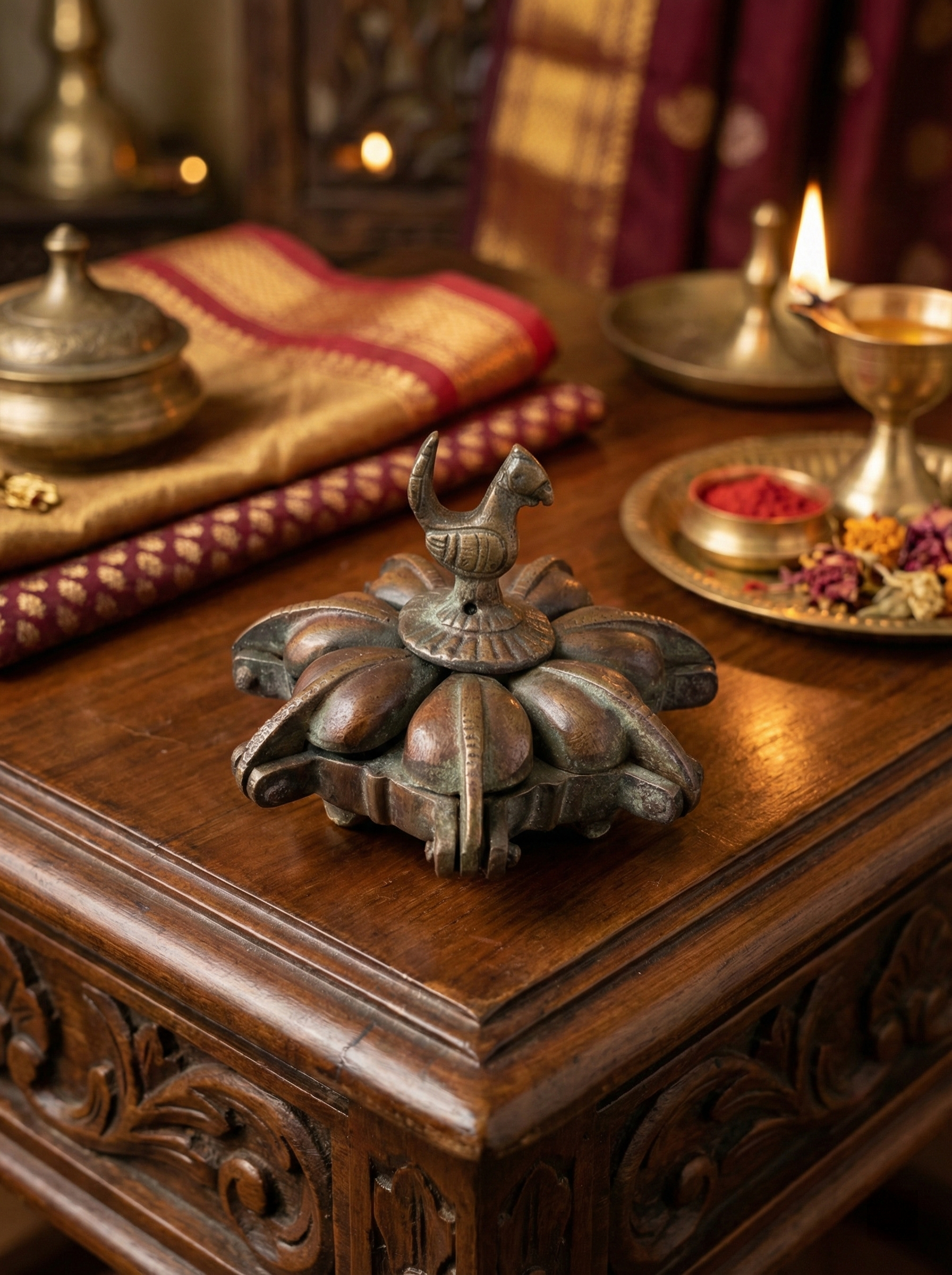 Antique Brass Sindoor Box with Peacock, kumkum Box