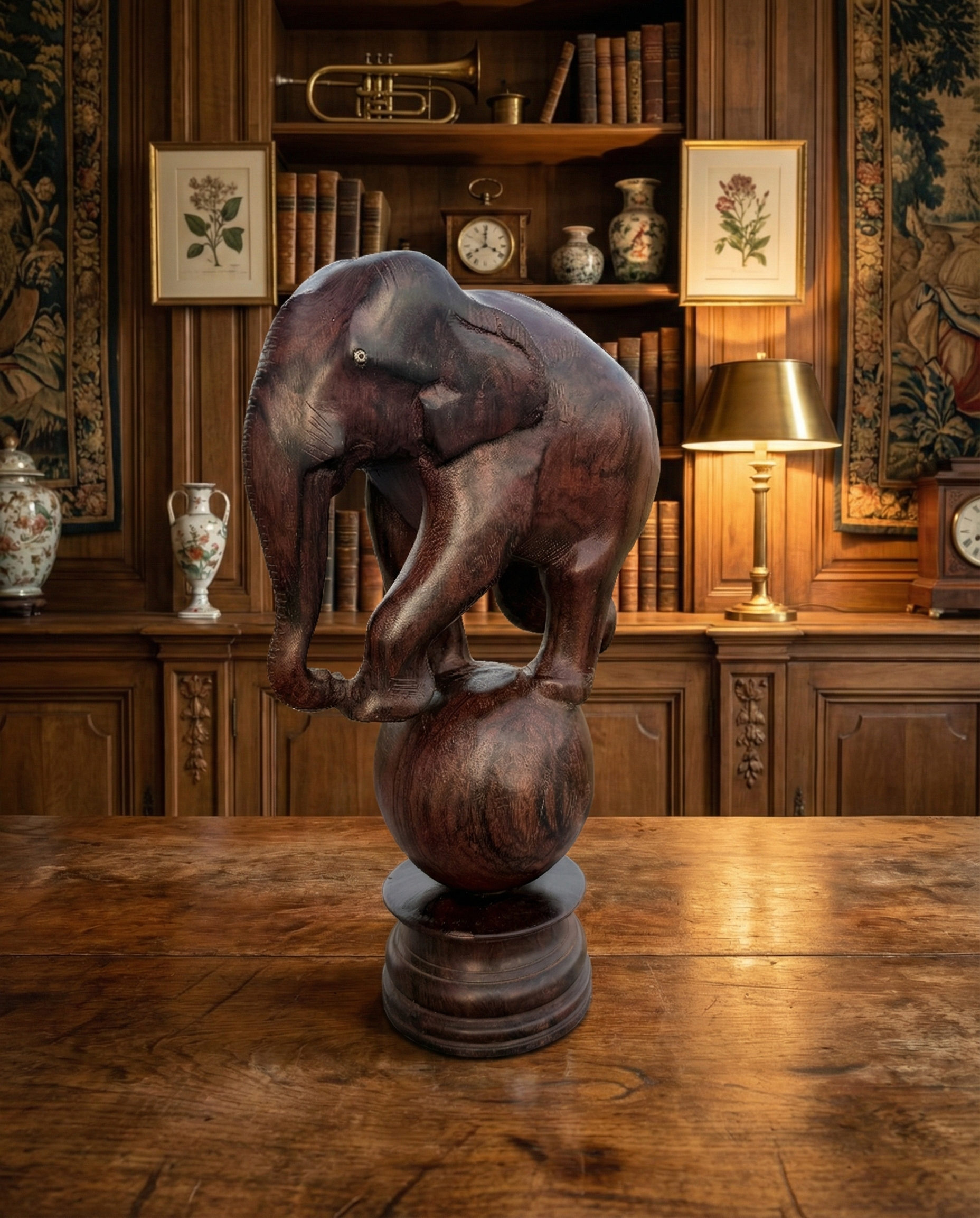 Antique Hand-Carved Rosewood Dancing Elephant – Balance Sculpture