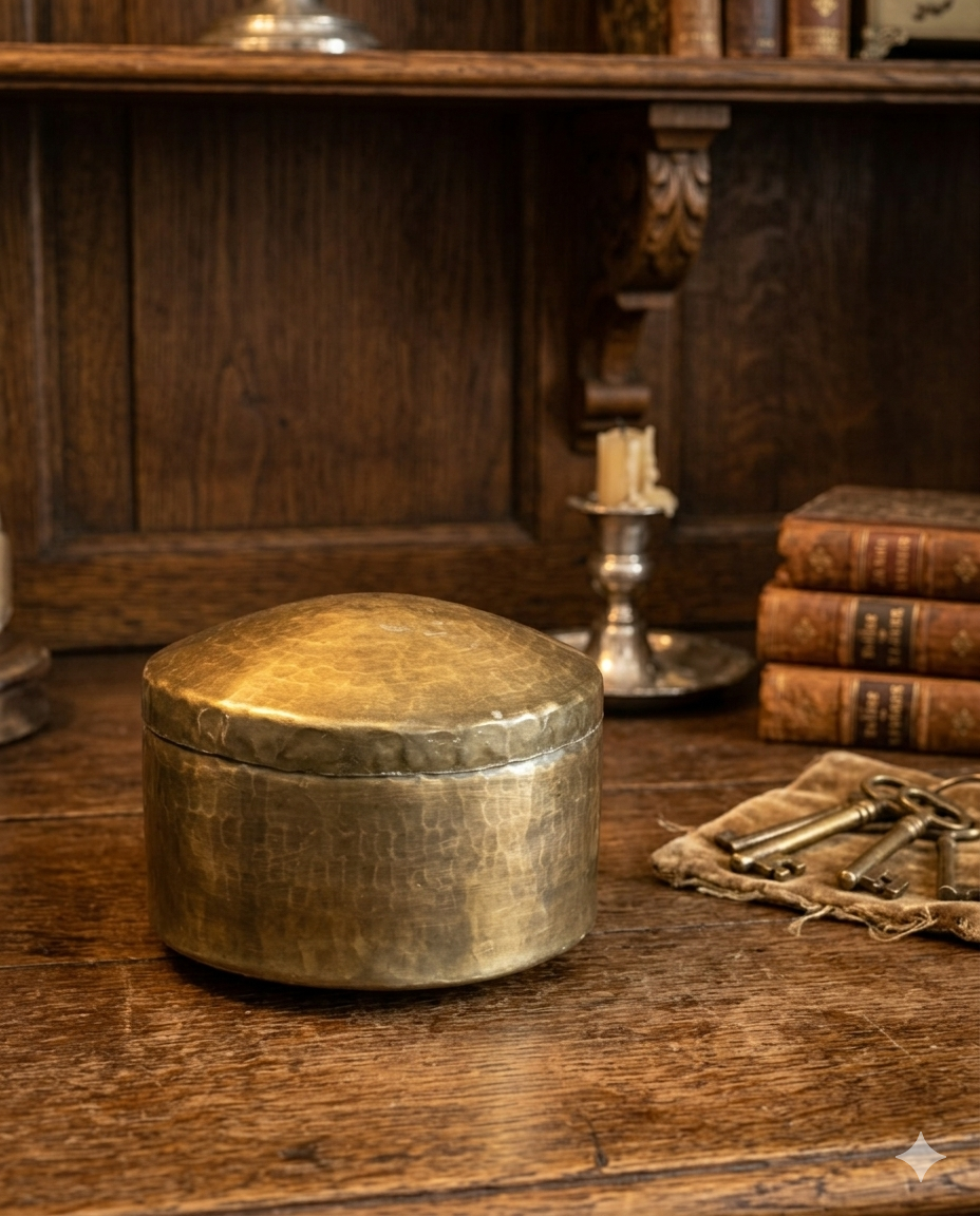 Antique Hand-Hammered Brass Round Storage Box with Lid – Traditional Indian Utility Container | Vintage Collectible