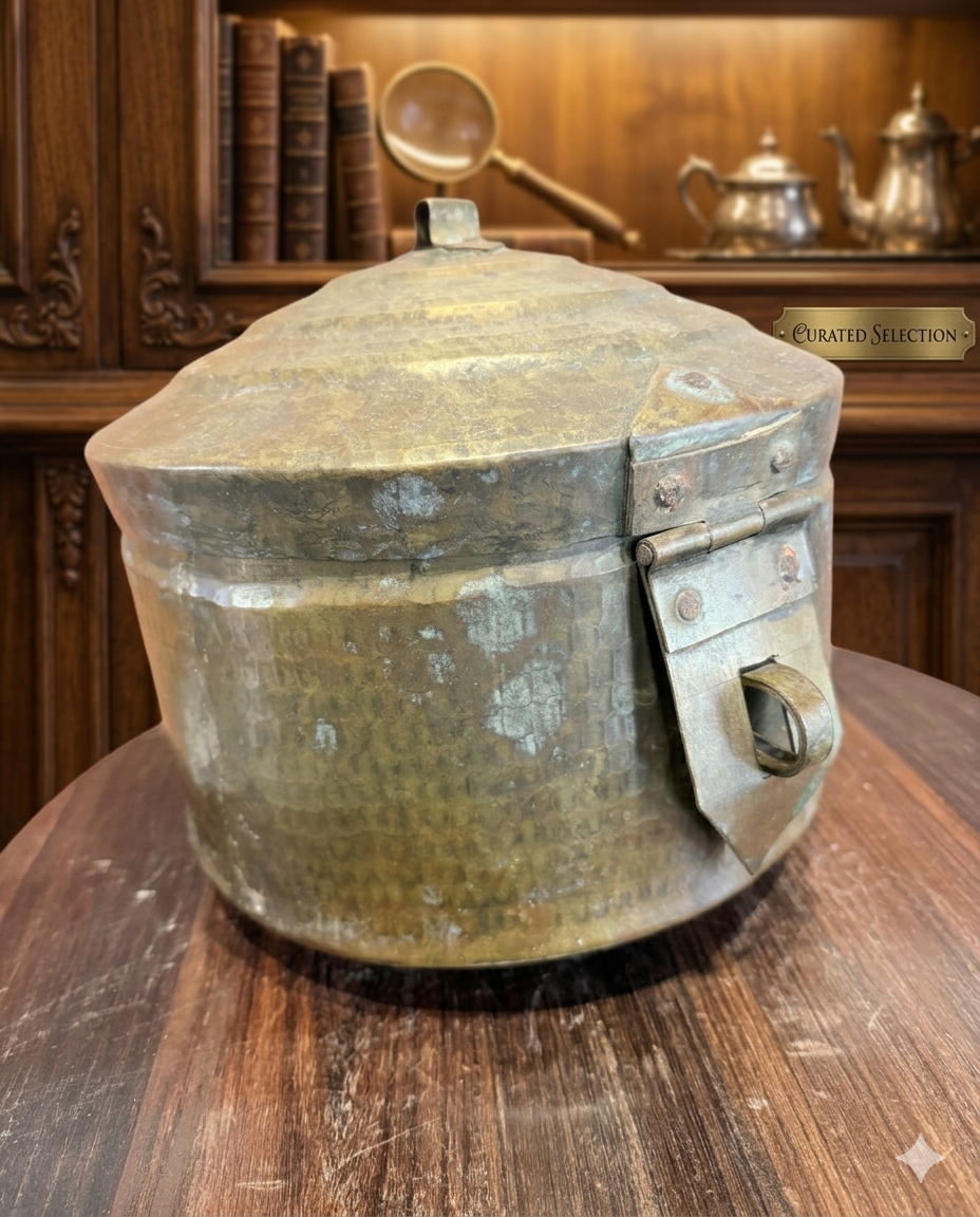 Antique Hand-Hammered Brass Storage Box with Lid & Latch – Traditional Indian Utility Container | Vintage Collectible