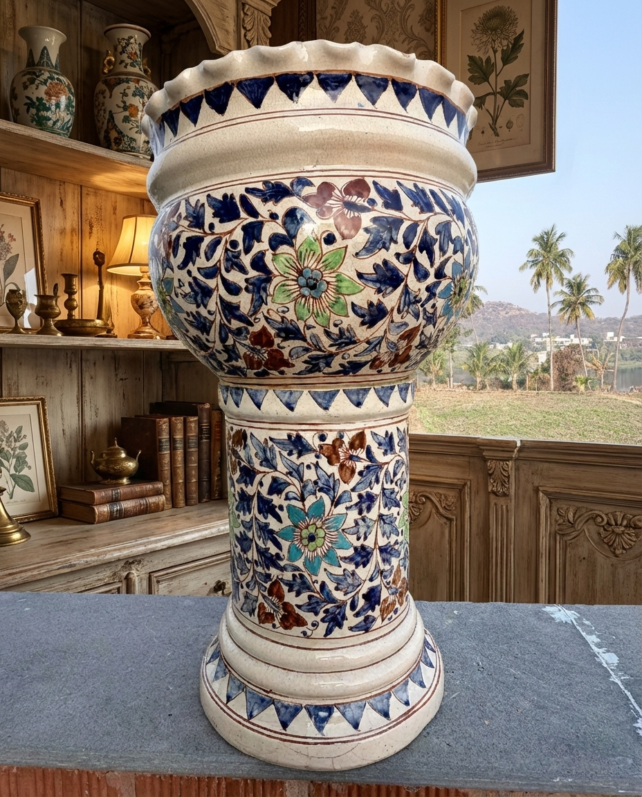 Antique Hand-Painted Designer Planter – Floral Pedestal Pot