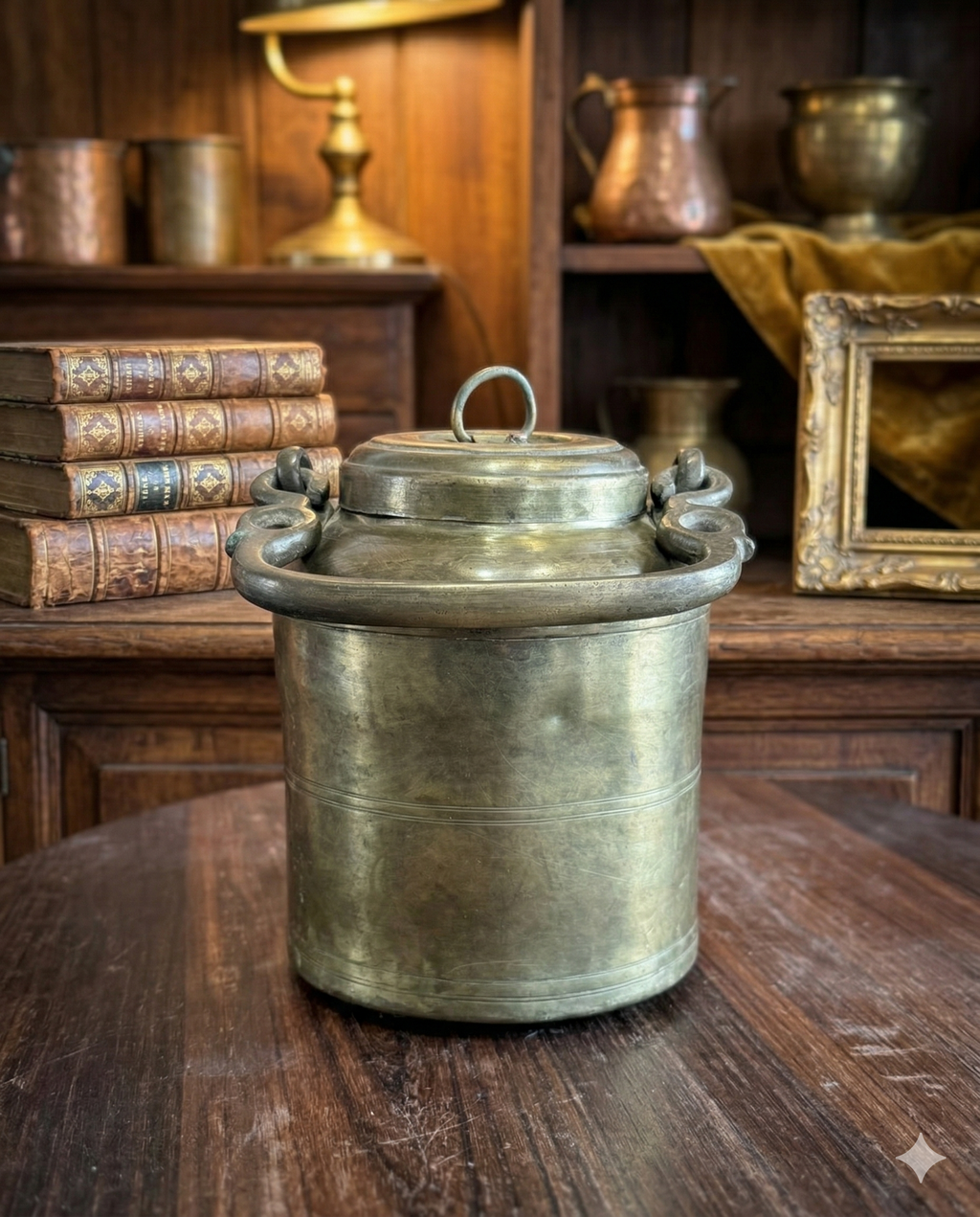 Antique Solid Brass Storage Container with Side Handles & Lid – Traditional Indian Ghee or Oil Pot | Vintage Collectible