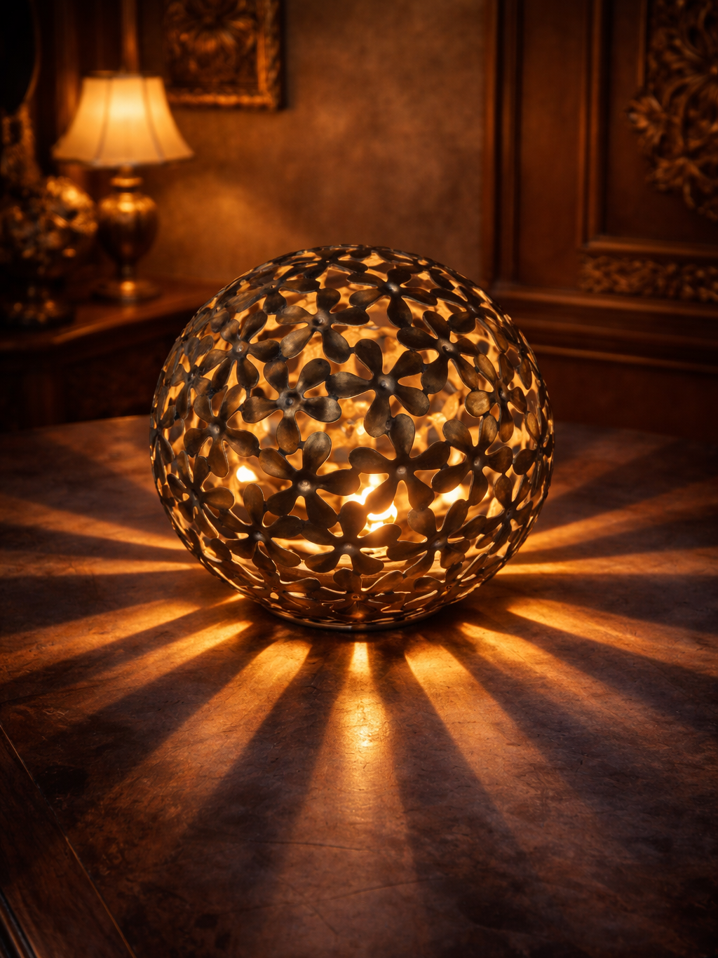 Rare Antique Handcrafted Brass Floral Lattice Globe Spherical Candle Holder – Vintage Decorative Tealight Lantern