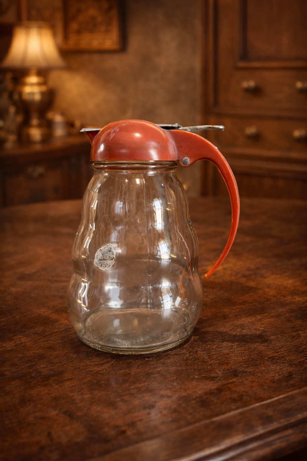 1950'S Vintage Dripcut Glass Syrup Dispenser – Red Bakelite Lid | Made in USA Retro Kitchen Pour Jar