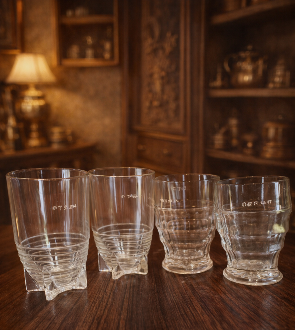 1930'S Rare Chettinad Family Engraved Vintage Shorts/ Liqueur Glass Tumbler Set (4 Pieces) – Jacobean pattern footed Bar Home Pub