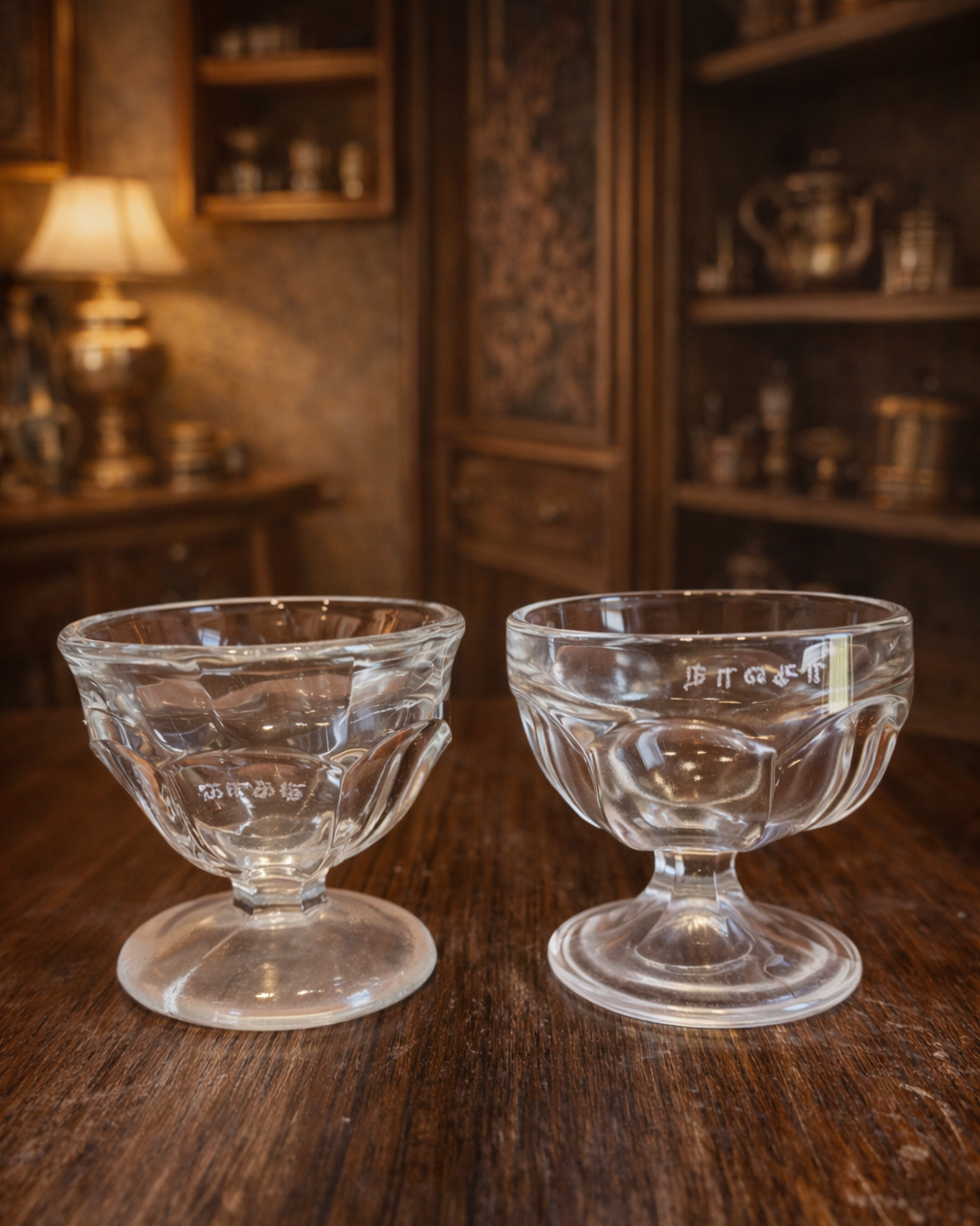 1930'S Rare Chettinad Family Engraved Vintage Glass Dessert Bowls – Antique Pedestal Serving Cups (Set of 2)