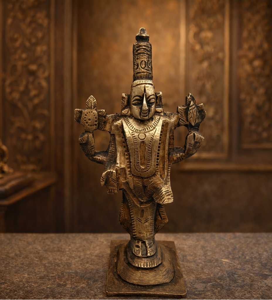 Antique Handcrafted Brass Lord Vishnu Statue – Traditional South Indian Temple Style Idol