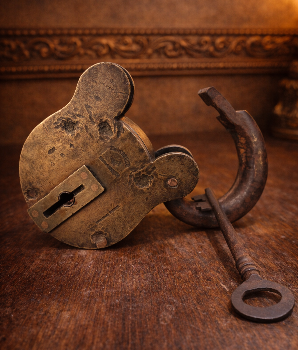 1900'S Rare Antique Hand-Forged Brass Padlock with Original Key - With Key Rich Patina Collectible Decorative