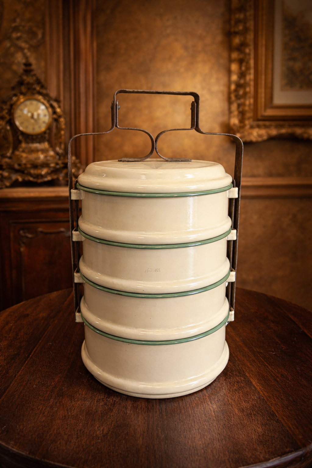 Vintage Swedish Enamel Tiffin Carrier with Metal Frame – Antique Multi-Tier Lunch Box | European Kitchen Collectible