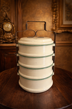 Vintage Swedish Enamel Tiffin Carrier with Metal Frame – Antique Multi-Tier Lunch Box | European Kitchen Collectible