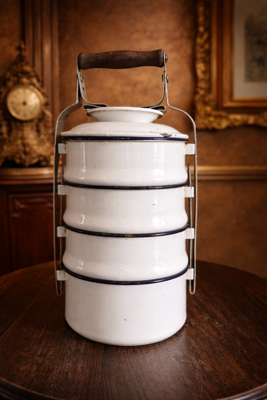 Vintage Czechoslovakian Enamel Tiffin Carrier with Wooden Handle – Antique Multi-Tier Lunch Box | European Utility Collectible