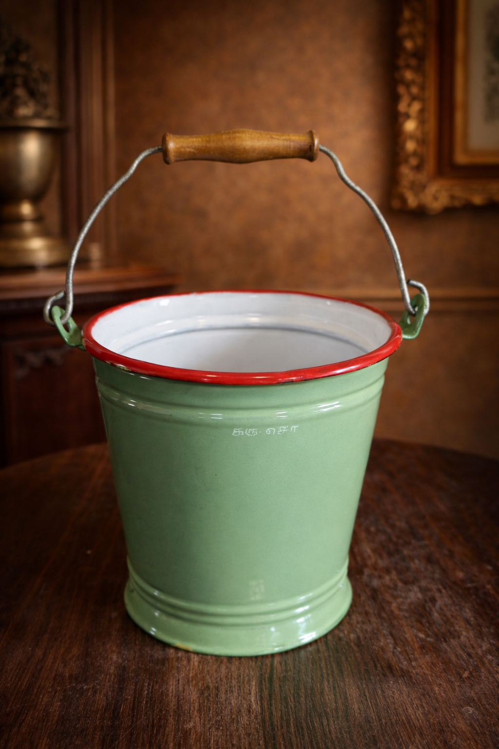 Vintage Czechoslovakian Enamel Bucket with Wooden Handle – Antique Green & Red Rim Pail | European Utility Collectible