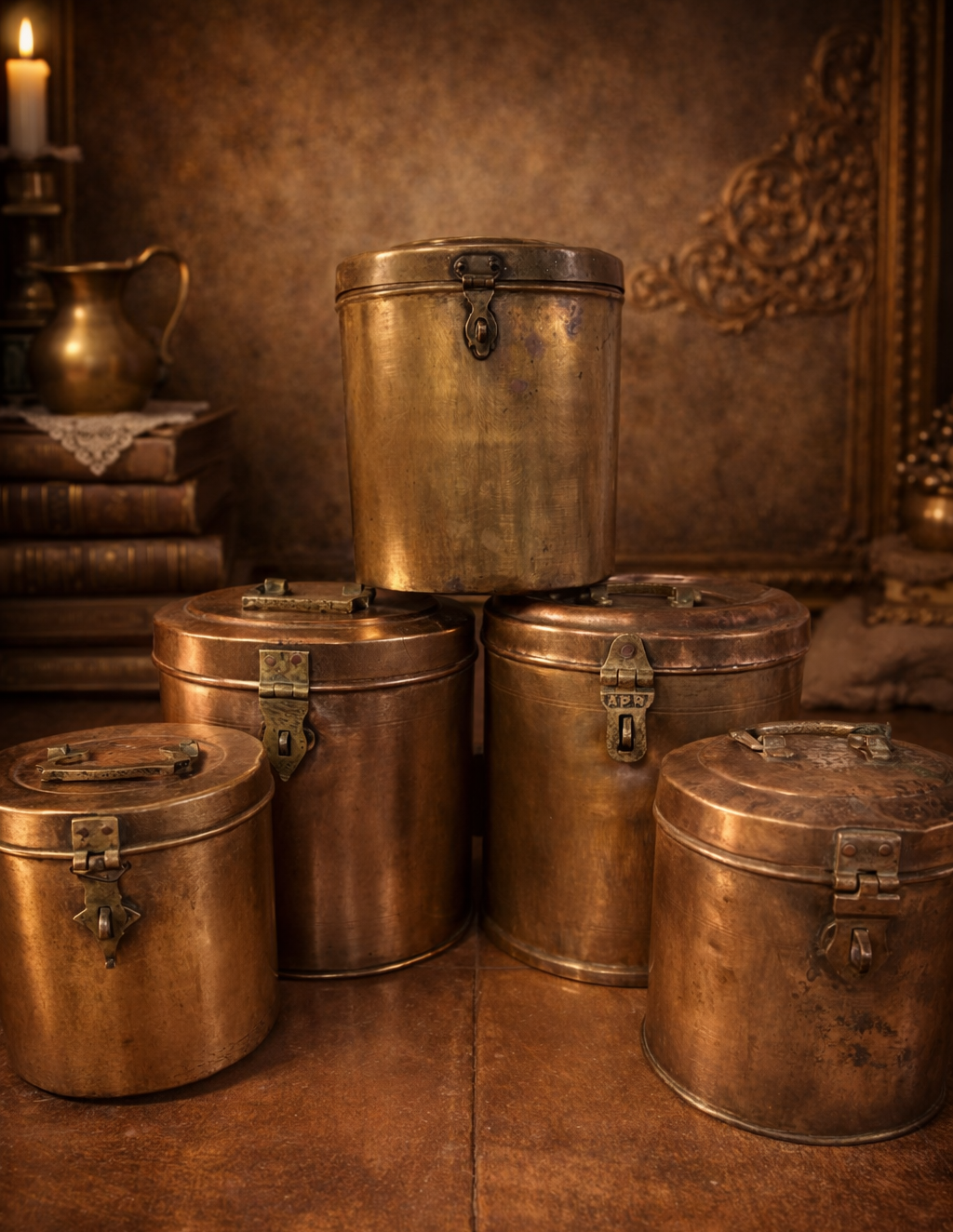 Rare Antique Brass Kitchen Storage Canisters Set | Handcrafted Vintage Indian Spice & Storage Containers | Collectible Brass Utility Tins (Set of 5)