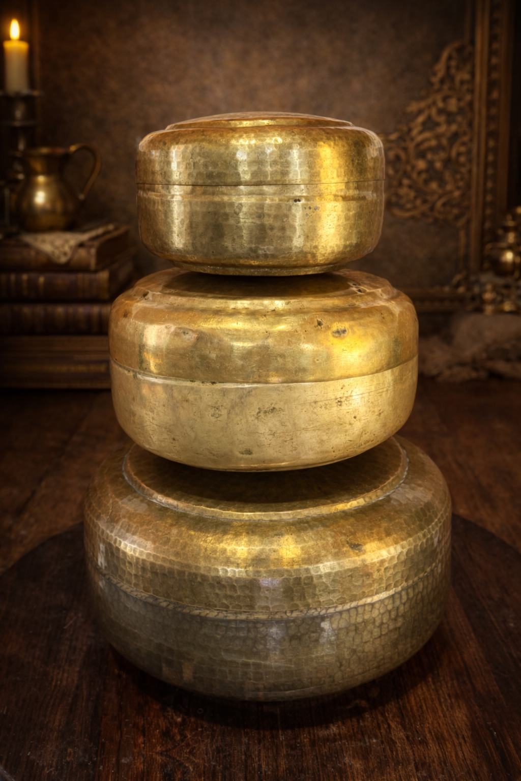 Antique Brass Hand-Hammered Storage Containers Set | Vintage Indian Kitchenware | Traditional Brass Dabba Collection (Set of 3)