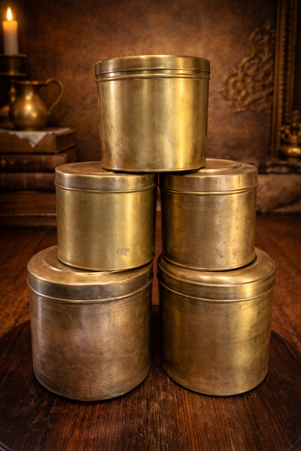 Antique Brass Storage Containers Set | Vintage Indian Kitchen Canisters | Handcrafted Brass Dabba Collection (Set of 5)