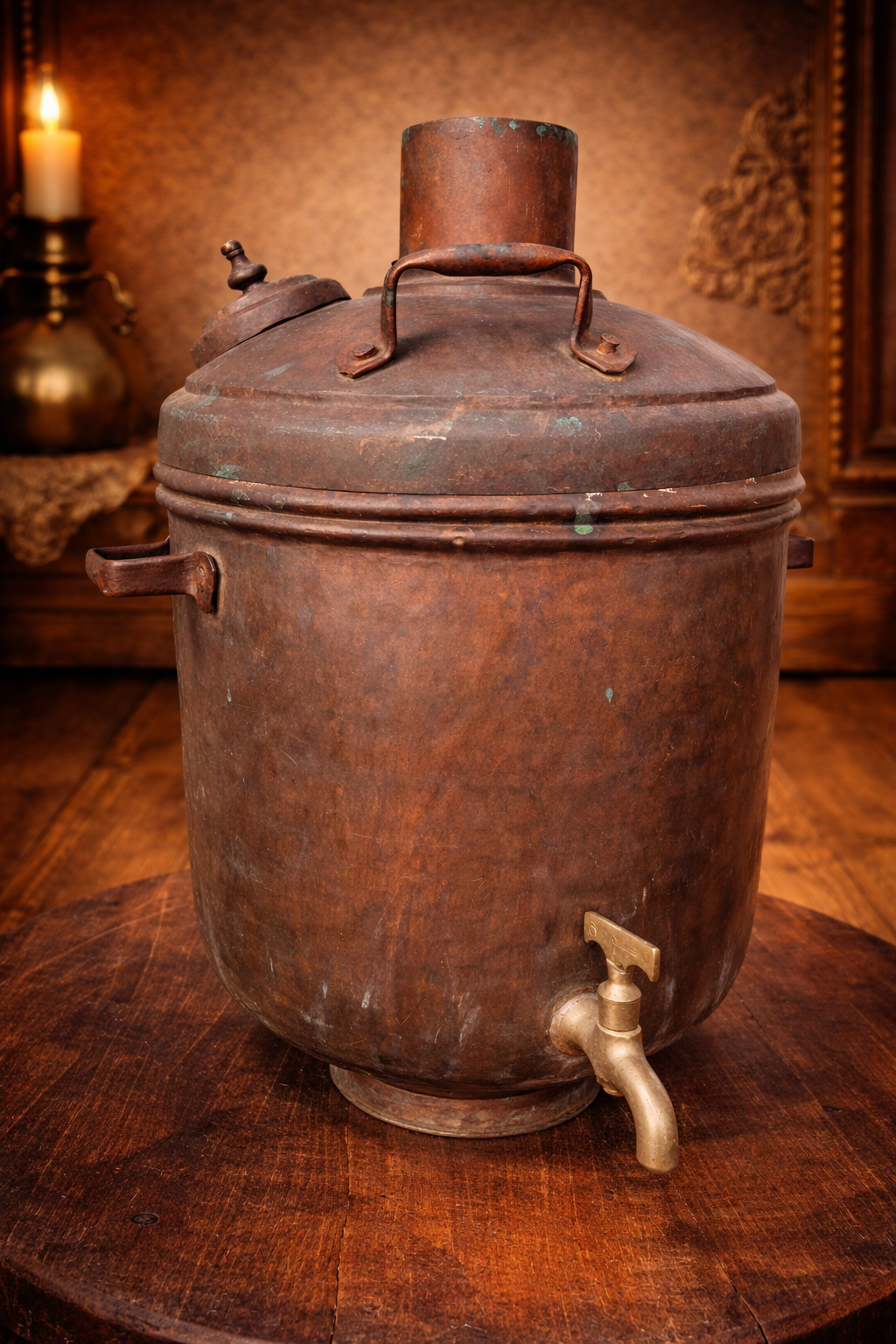 Antique Copper Boiler with Brass Tap | Vintage Indian Water Heating Vessel | Traditional Copper Samovar Style Boiler