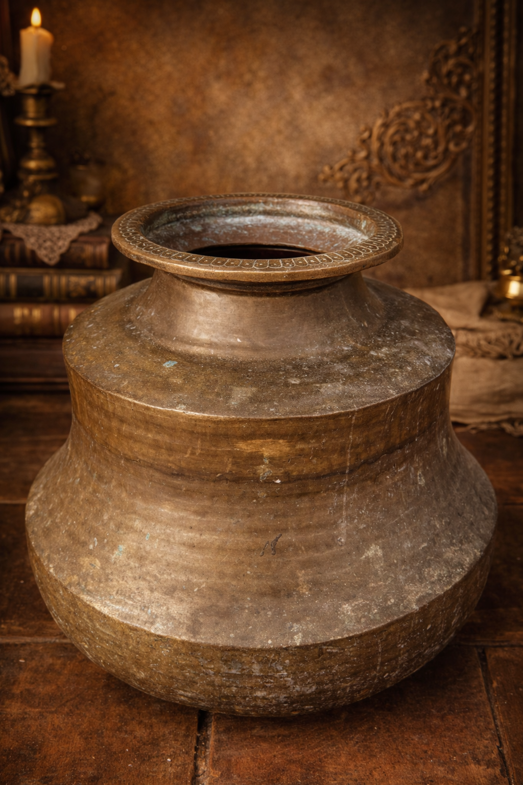 Antique Brass Water Storage Vessel | Traditional Indian Handcrafted Pot | Vintage Decorative Urn with Engraved Rim