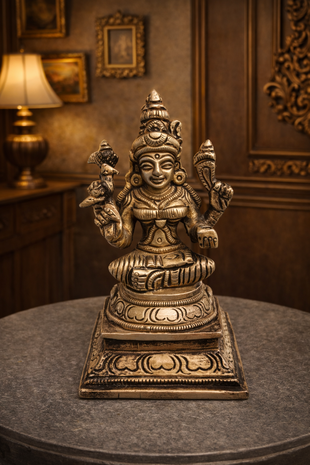 Antique Handcrafted Brass Goddess Kamakshi Idol – Traditional Pooja Deity Sculpture
