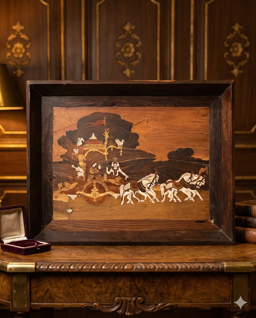 Antique Mysore Rosewood Inlay Panel – Krishna’s Gita Upadesh at Kurukshetra (Mahabarata)