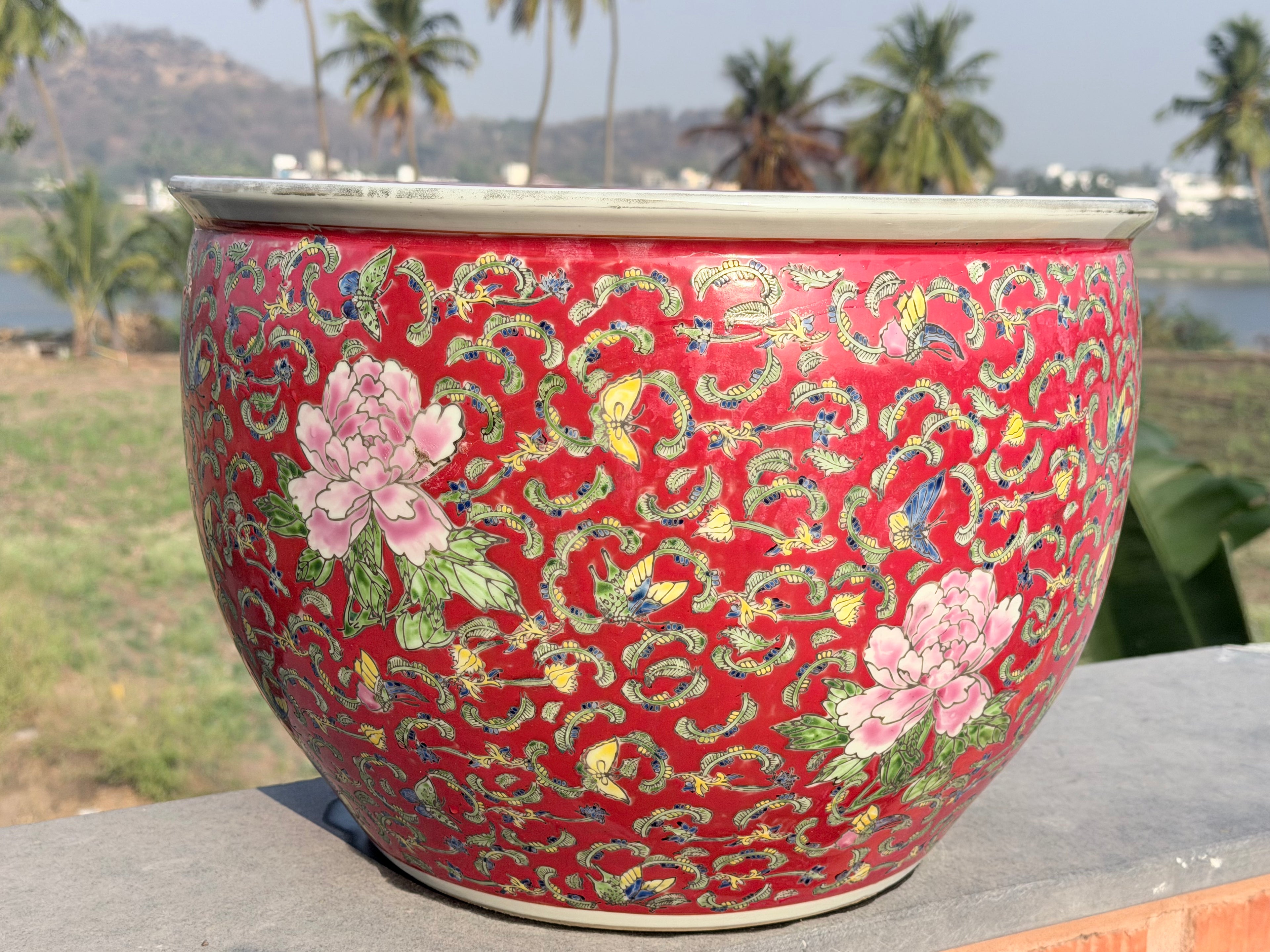 20th Century Chinese Porcelain Fish Bowl – Butterflies & Peonies (16”)