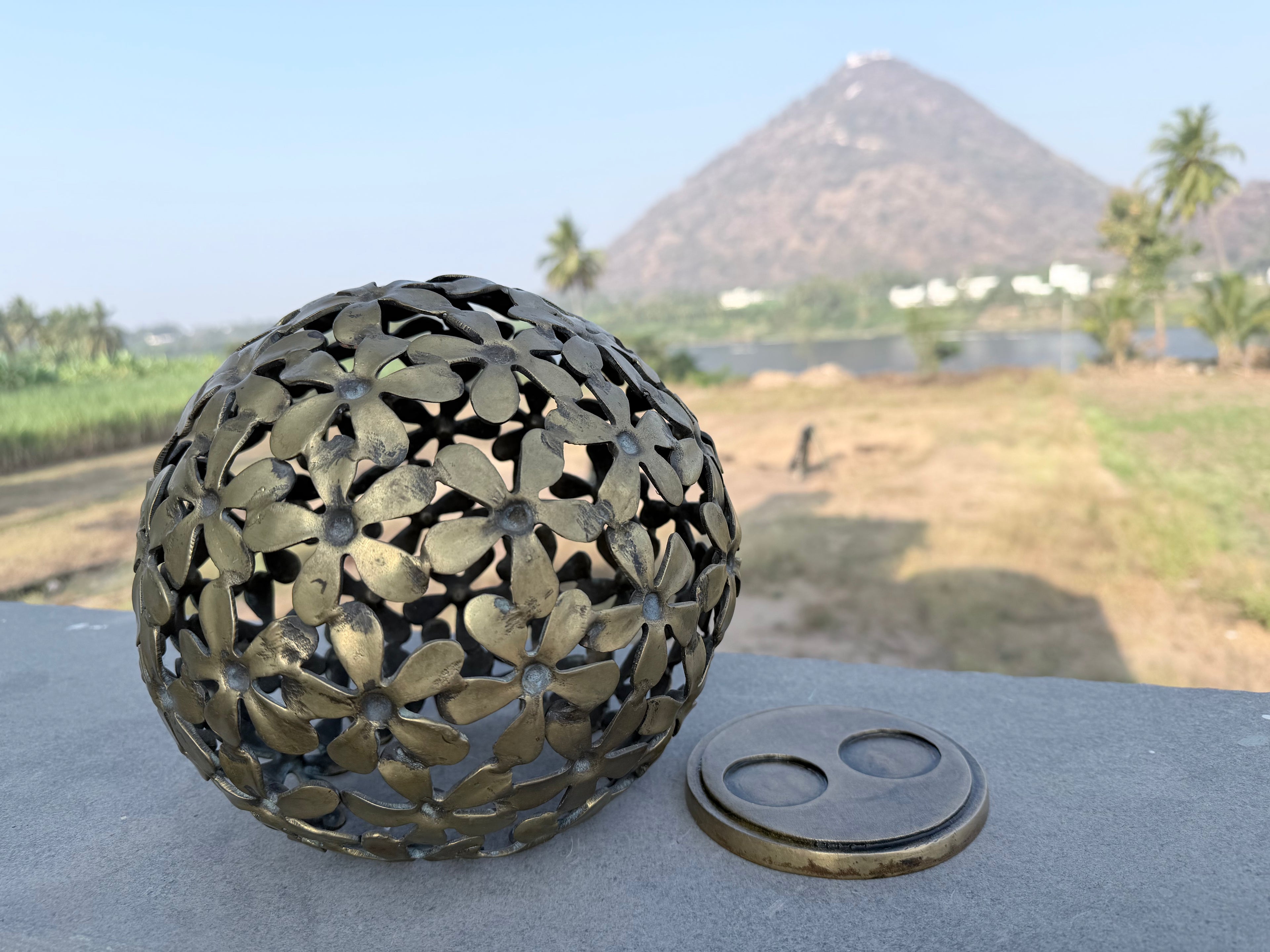 Rare Antique Handcrafted Brass Floral Lattice Globe Spherical Candle Holder – Vintage Decorative Tealight Lantern