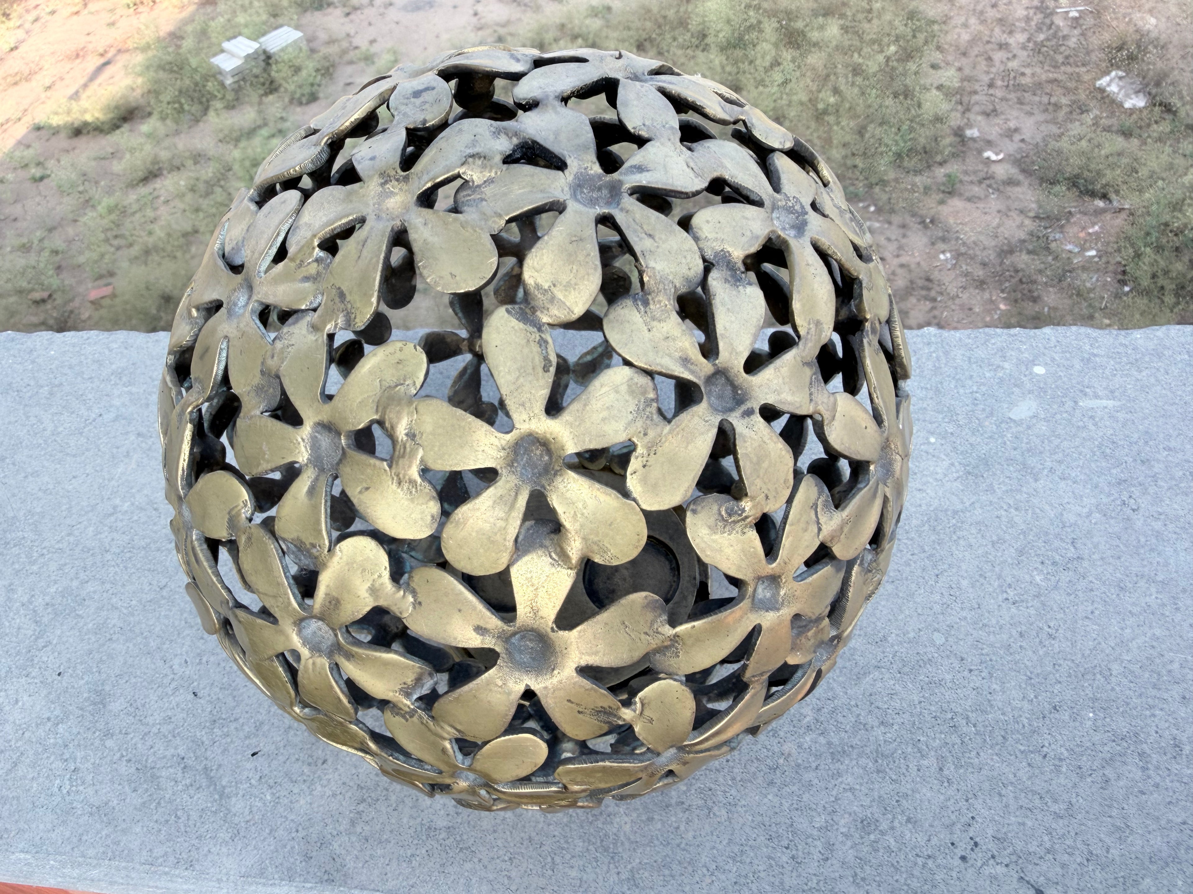 Rare Antique Handcrafted Brass Floral Lattice Globe Spherical Candle Holder – Vintage Decorative Tealight Lantern