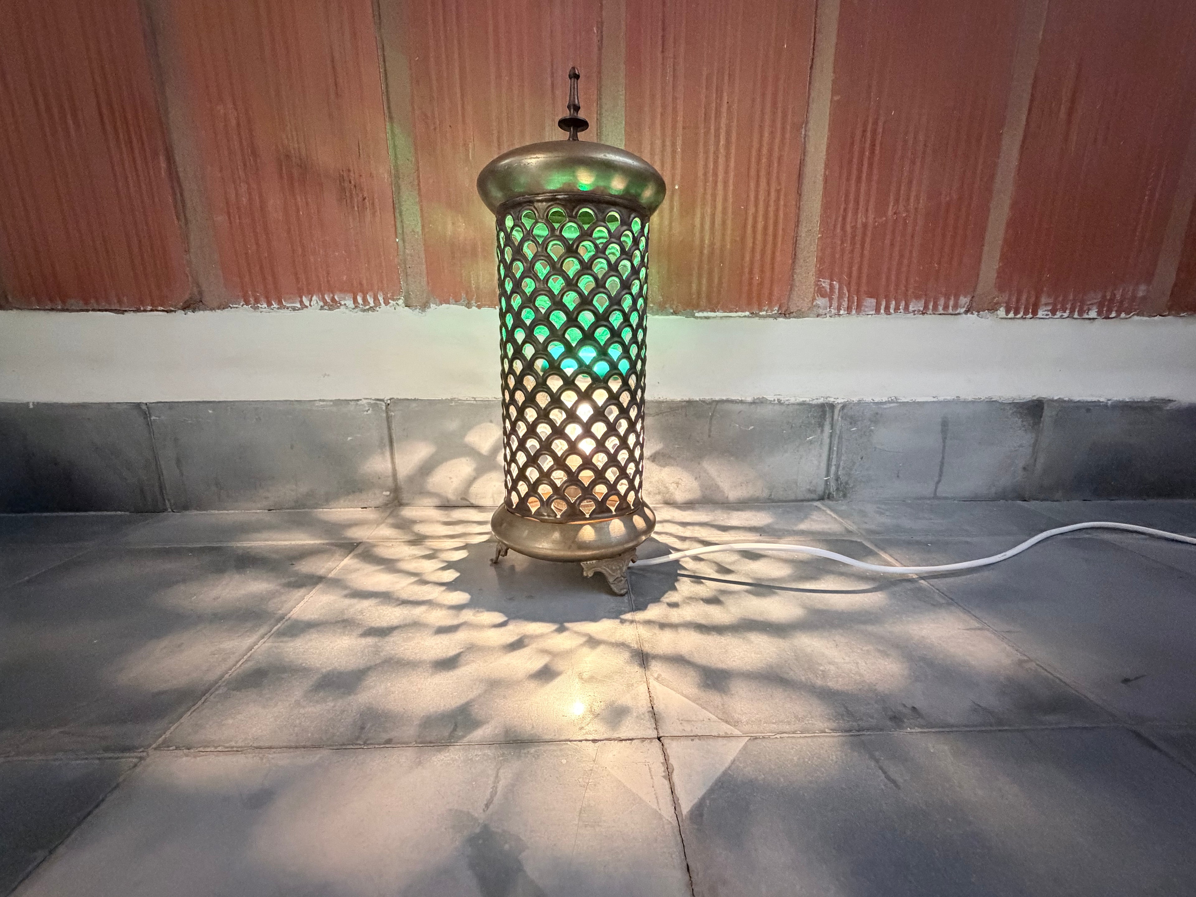 Vintage Ornate Engraved Brass Pierced Lantern Lamp – 13” Heritage Ambient Light Sculpture