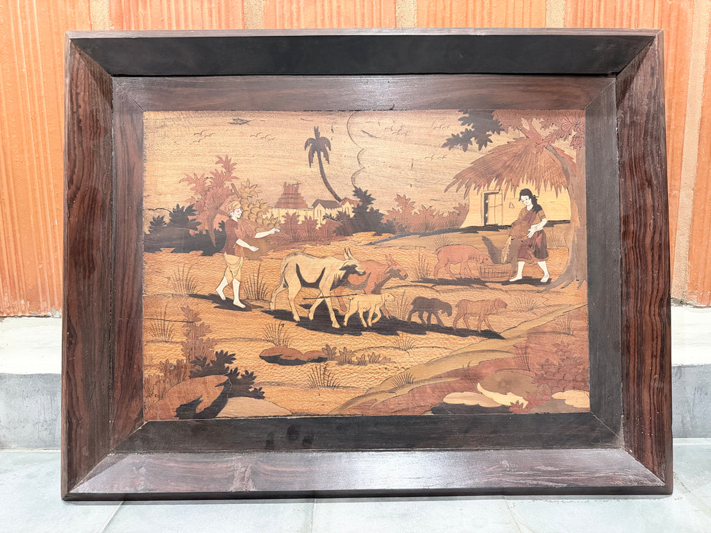 Antique Mysore Rosewood Inlay Panel – Rural Village Life