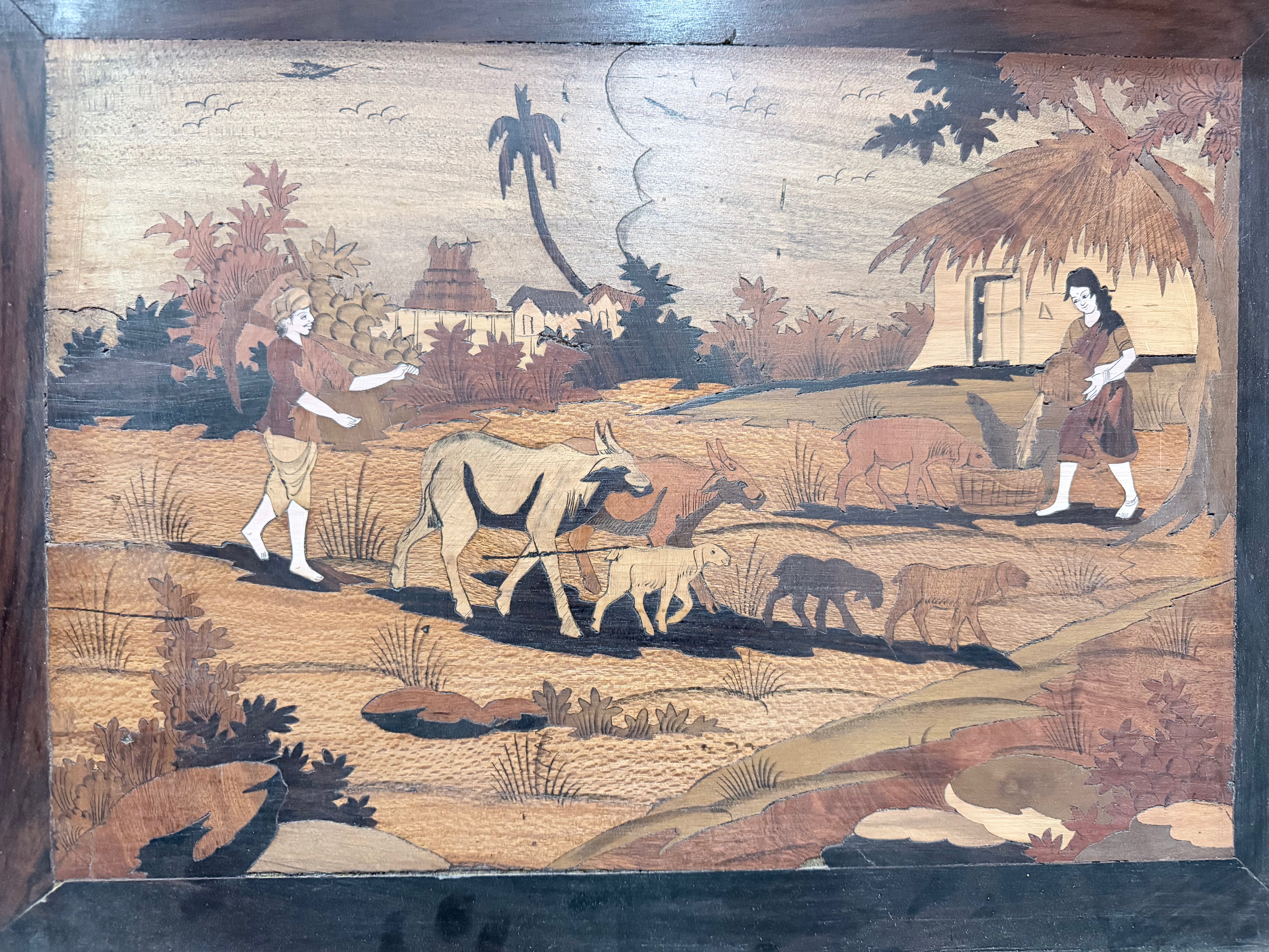 Antique Mysore Rosewood Inlay Panel – Rural Village Life