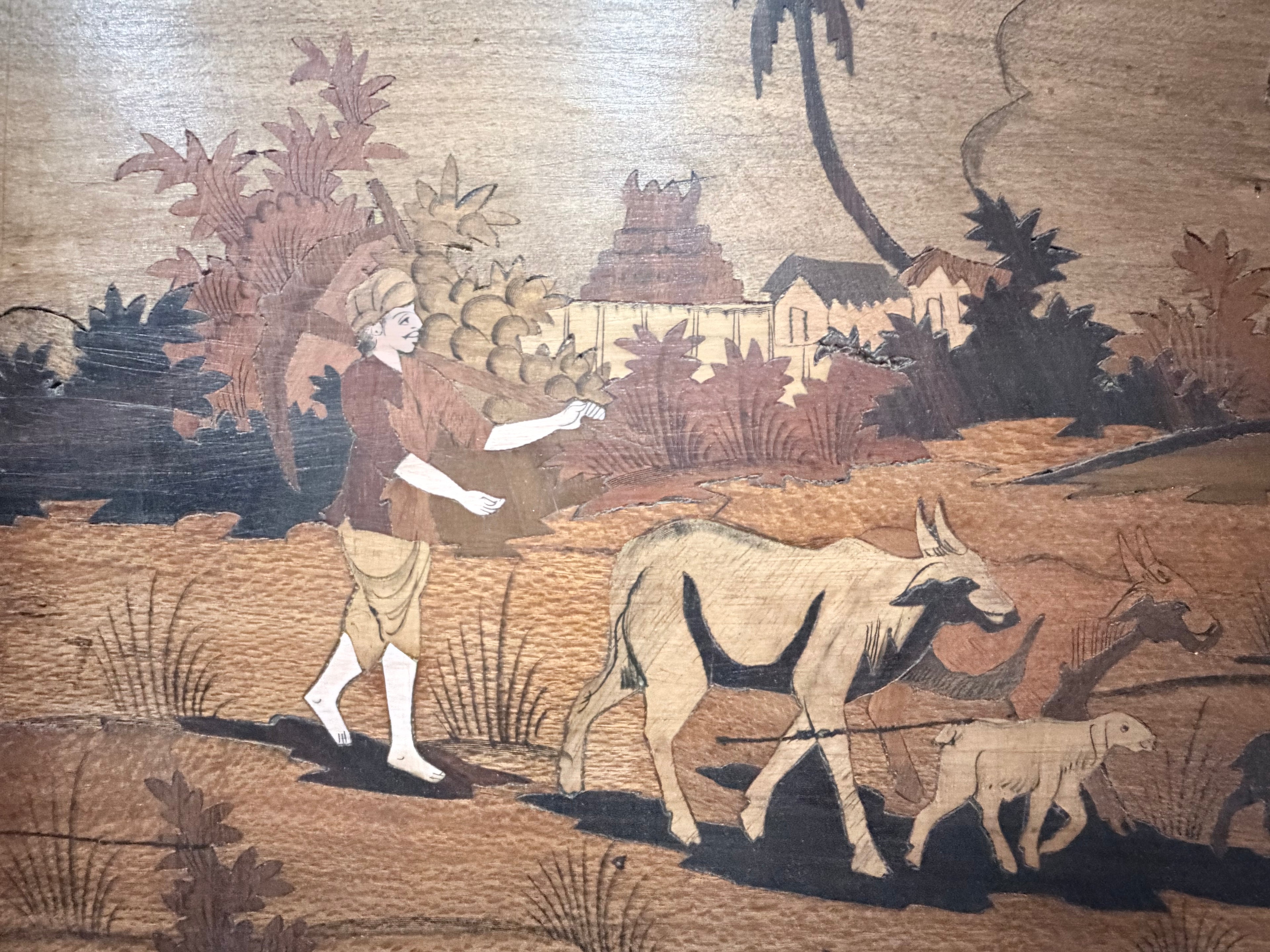 Antique Mysore Rosewood Inlay Panel – Rural Village Life