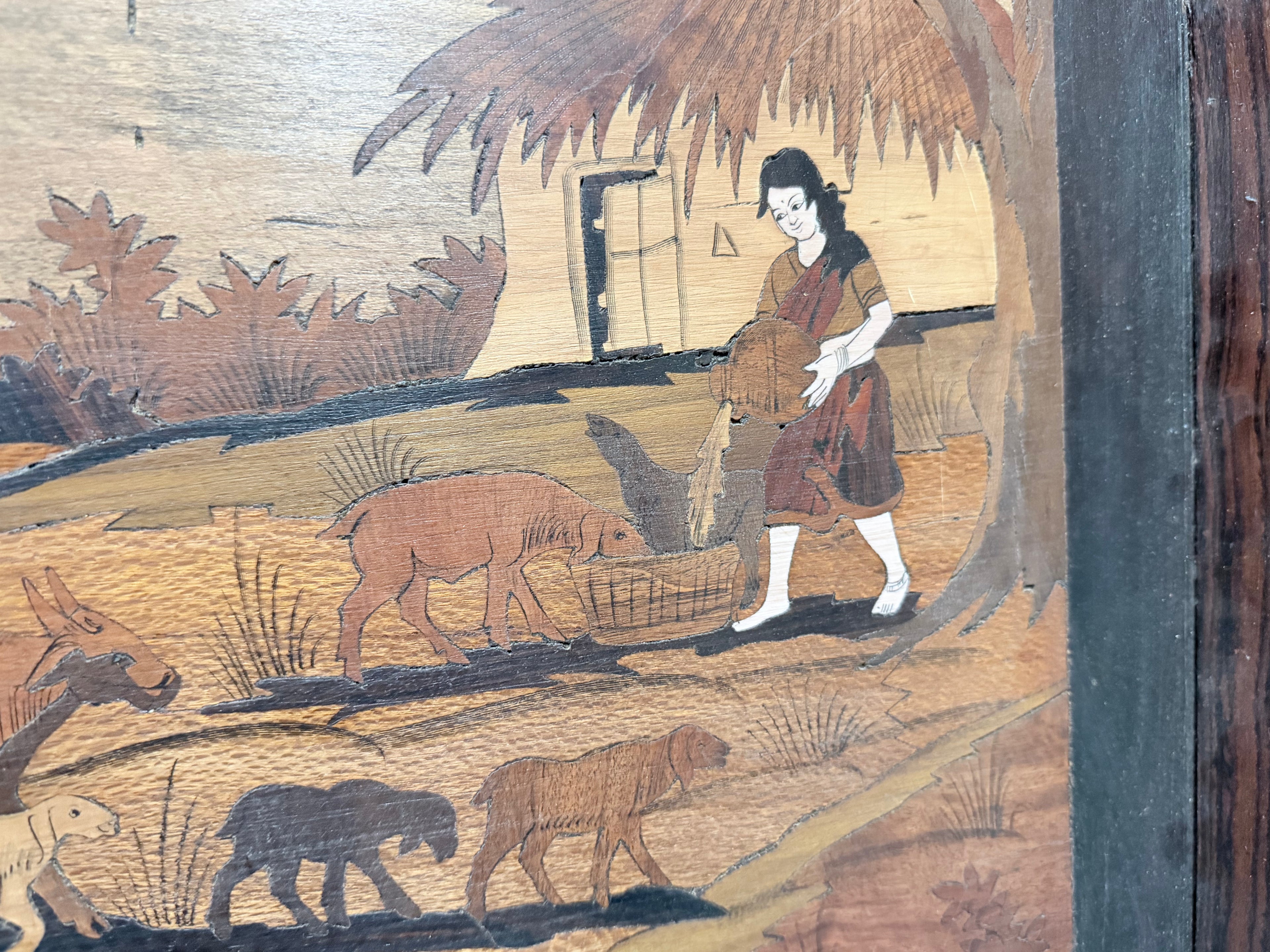 Antique Mysore Rosewood Inlay Panel – Rural Village Life