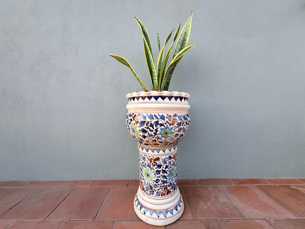 Antique Hand-Painted Designer Planter – Floral Pedestal Pot