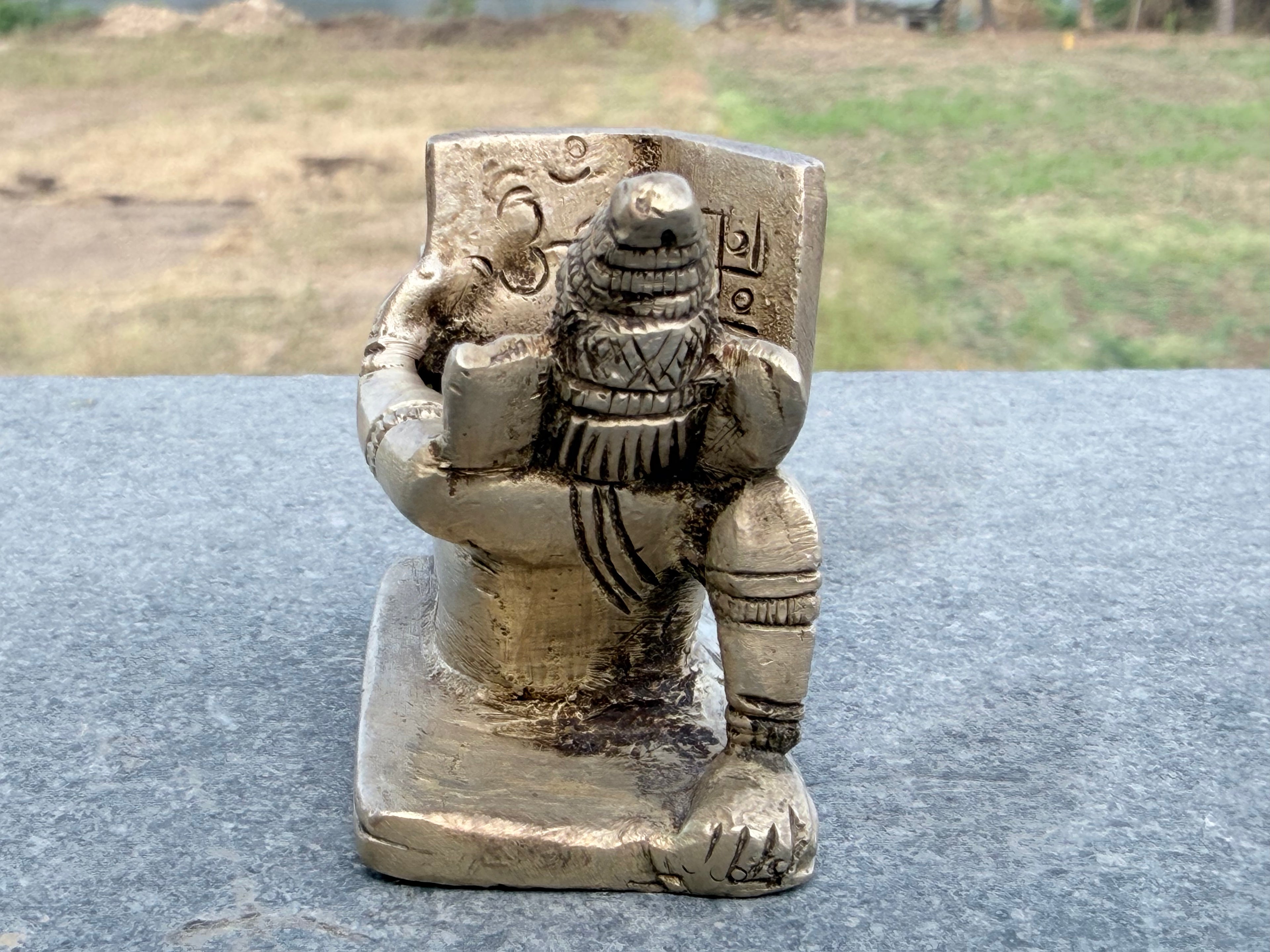 Rare Antique Handicrafted Brass Reclining  Ganesha Reading Sculpture – South Indian Collectible