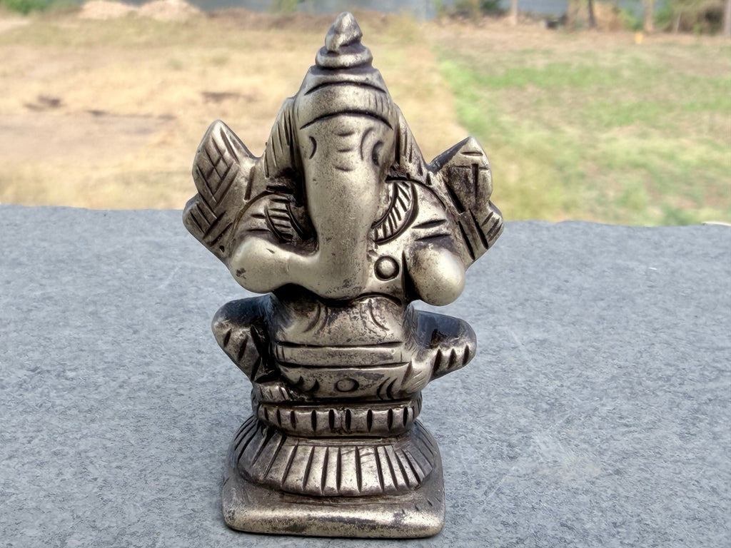 Antique South Indian Handlcrafted Brass Ganesha Sculpture on Ornate Pedestal – Collector’s Piece