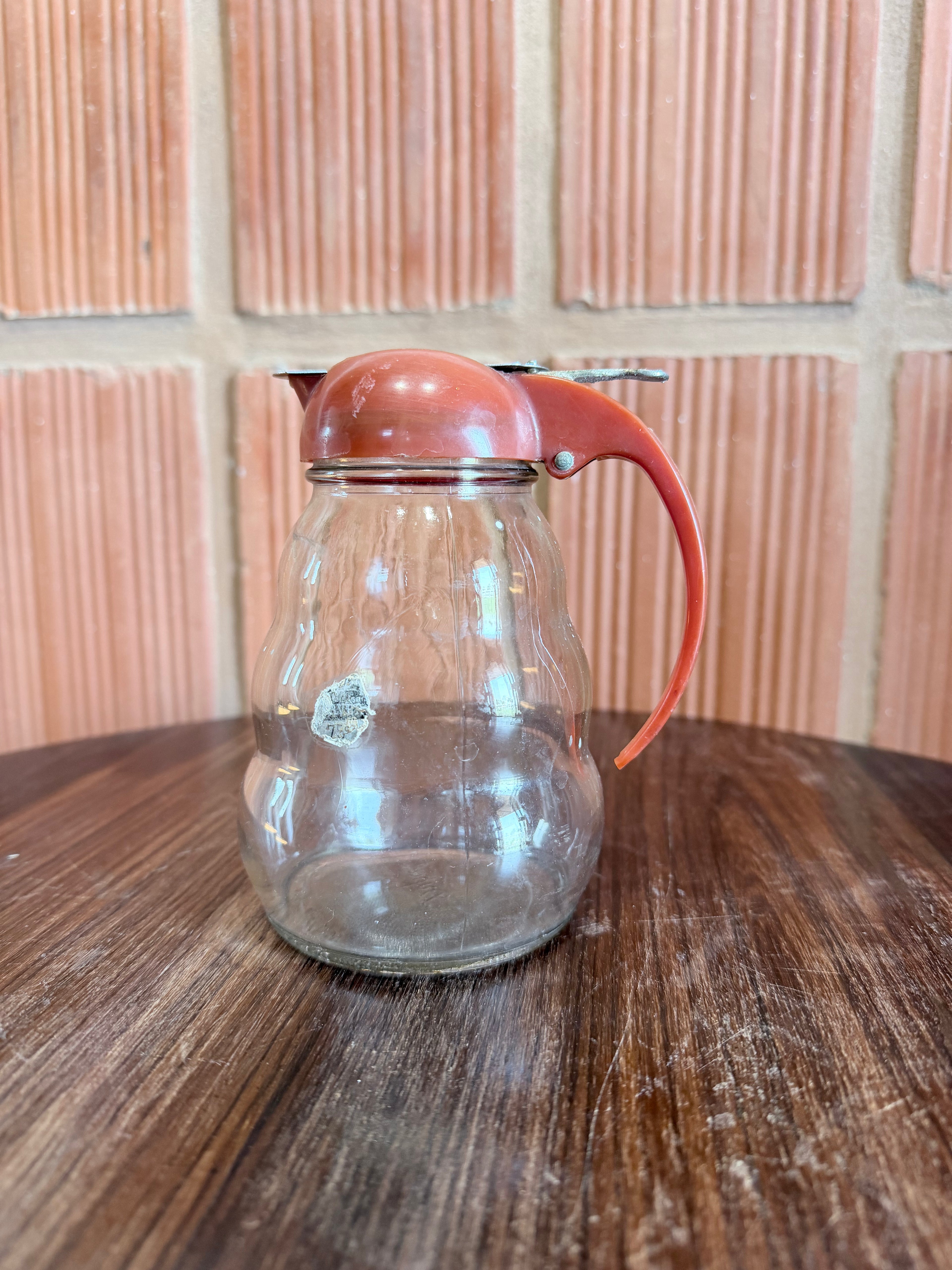 1950'S Vintage Dripcut Glass Syrup Dispenser – Red Bakelite Lid | Made in USA Retro Kitchen Pour Jar