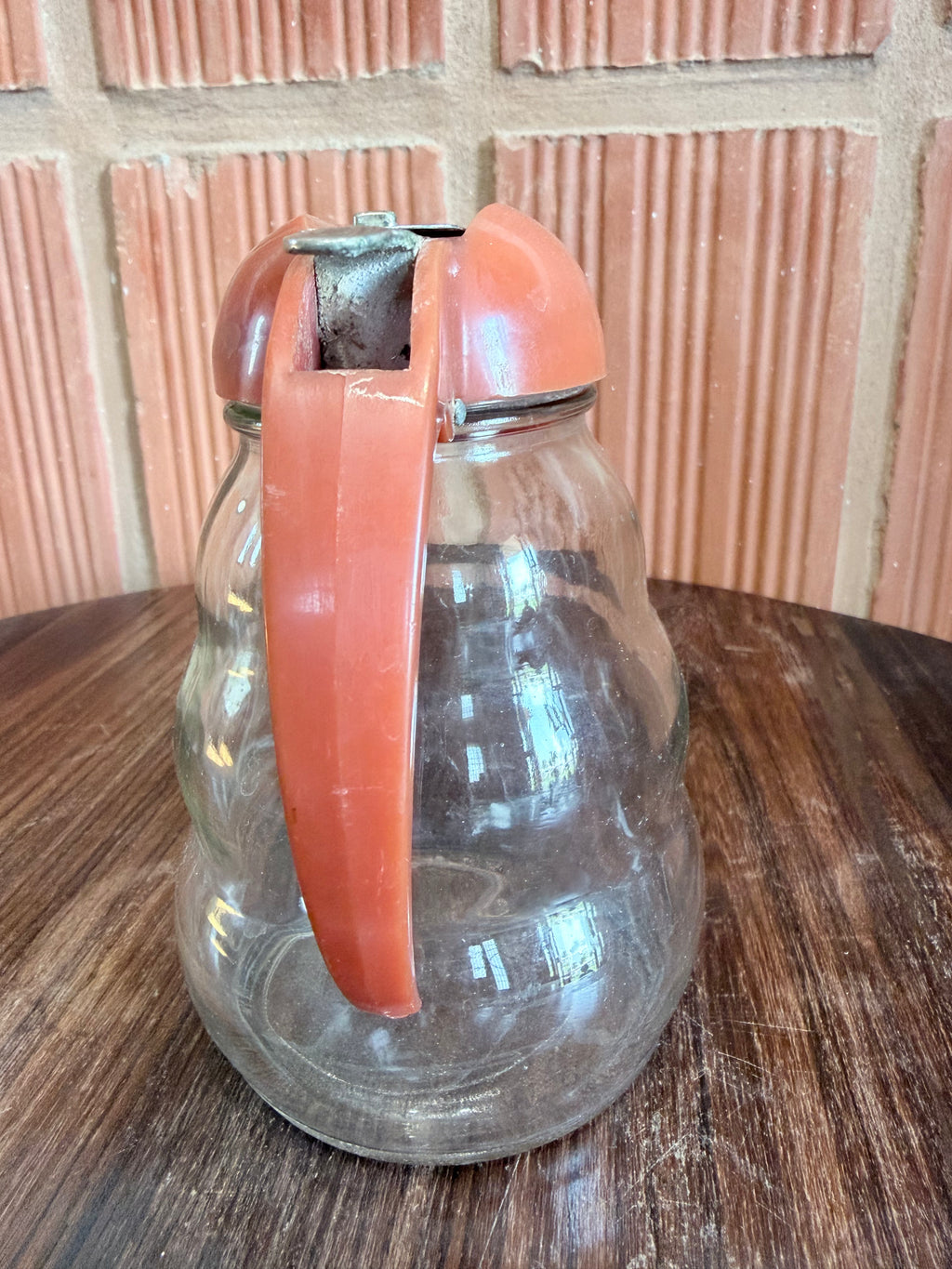 1950'S Vintage Dripcut Glass Syrup Dispenser – Red Bakelite Lid | Made in USA Retro Kitchen Pour Jar