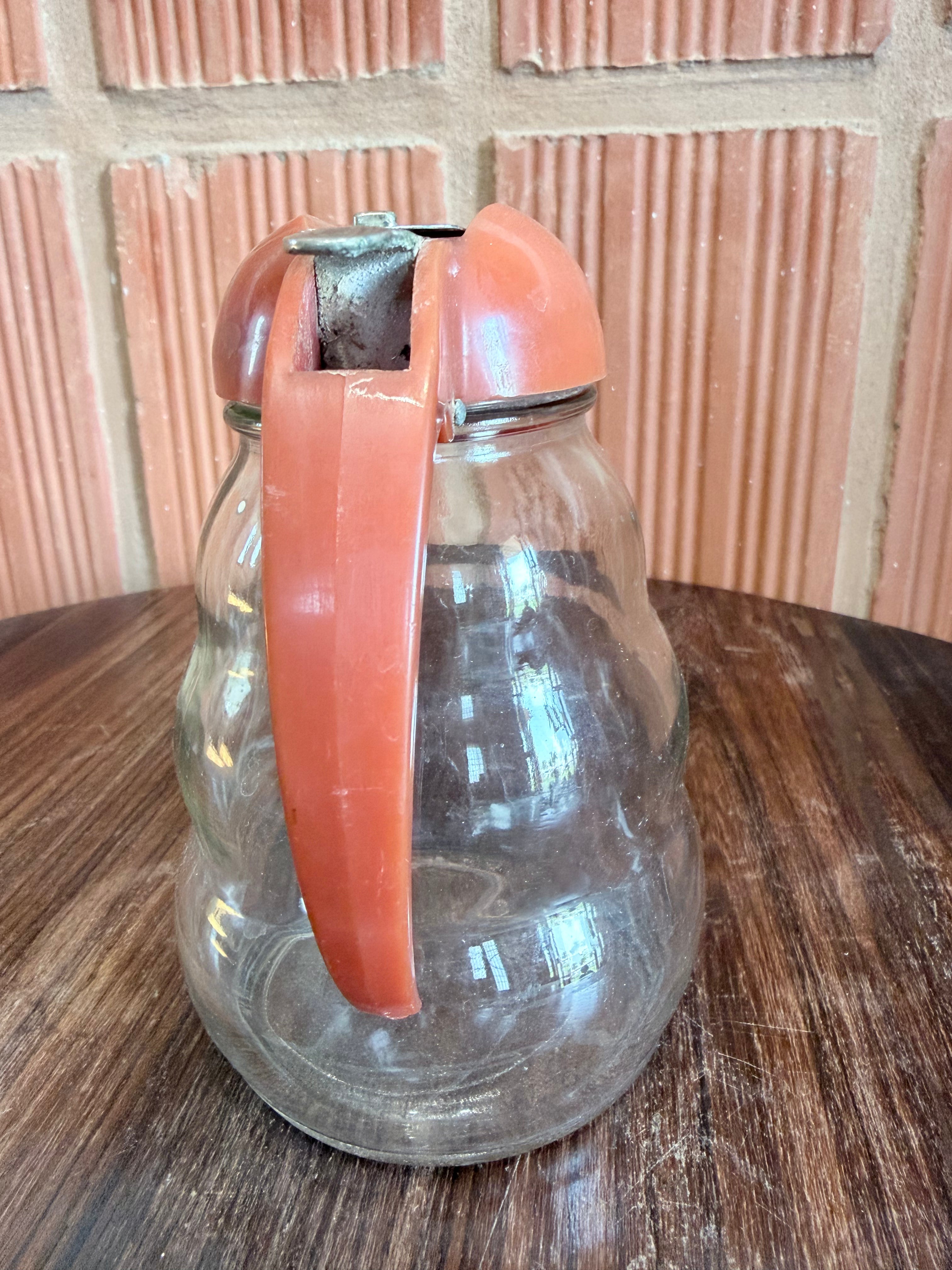 1950'S Vintage Dripcut Glass Syrup Dispenser – Red Bakelite Lid | Made in USA Retro Kitchen Pour Jar