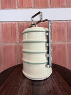 Vintage Swedish Enamel Tiffin Carrier with Metal Frame – Antique Multi-Tier Lunch Box | European Kitchen Collectible