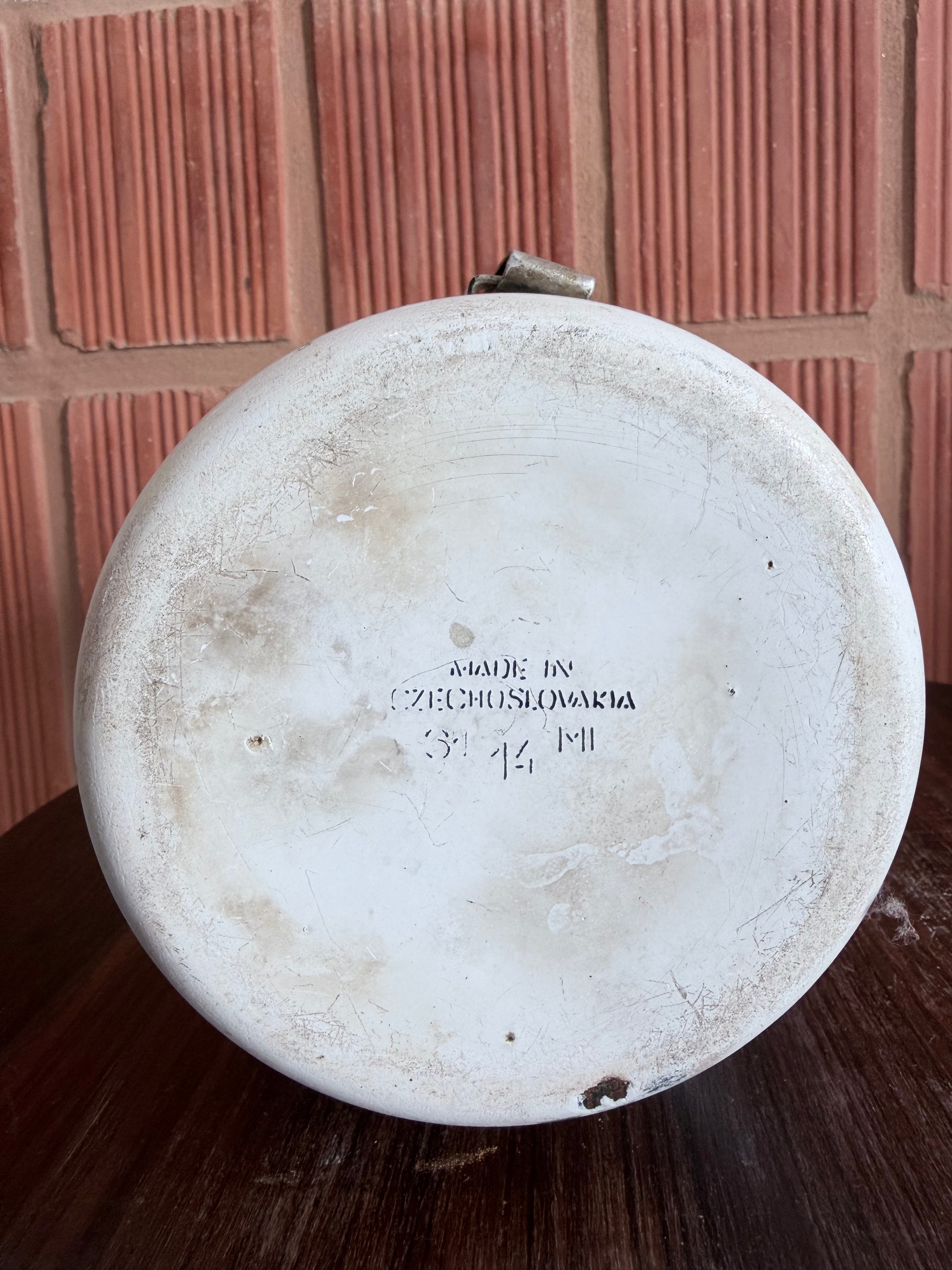 Vintage Czechoslovakian Enamel Tiffin Carrier with Wooden Handle – Antique Multi-Tier Lunch Box | European Utility Collectible
