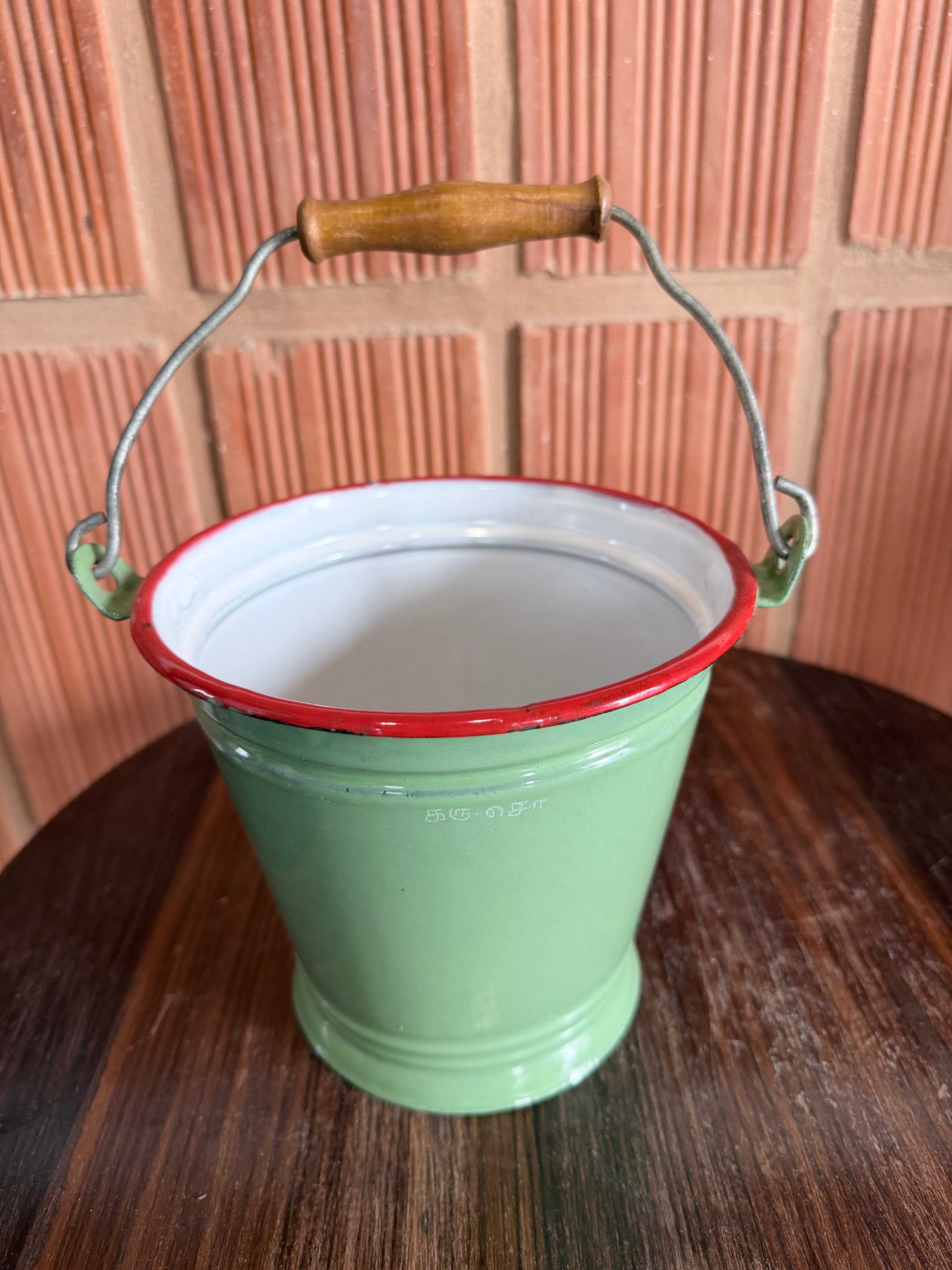 Vintage Czechoslovakian Enamel Bucket with Wooden Handle – Antique Green & Red Rim Pail | European Utility Collectible