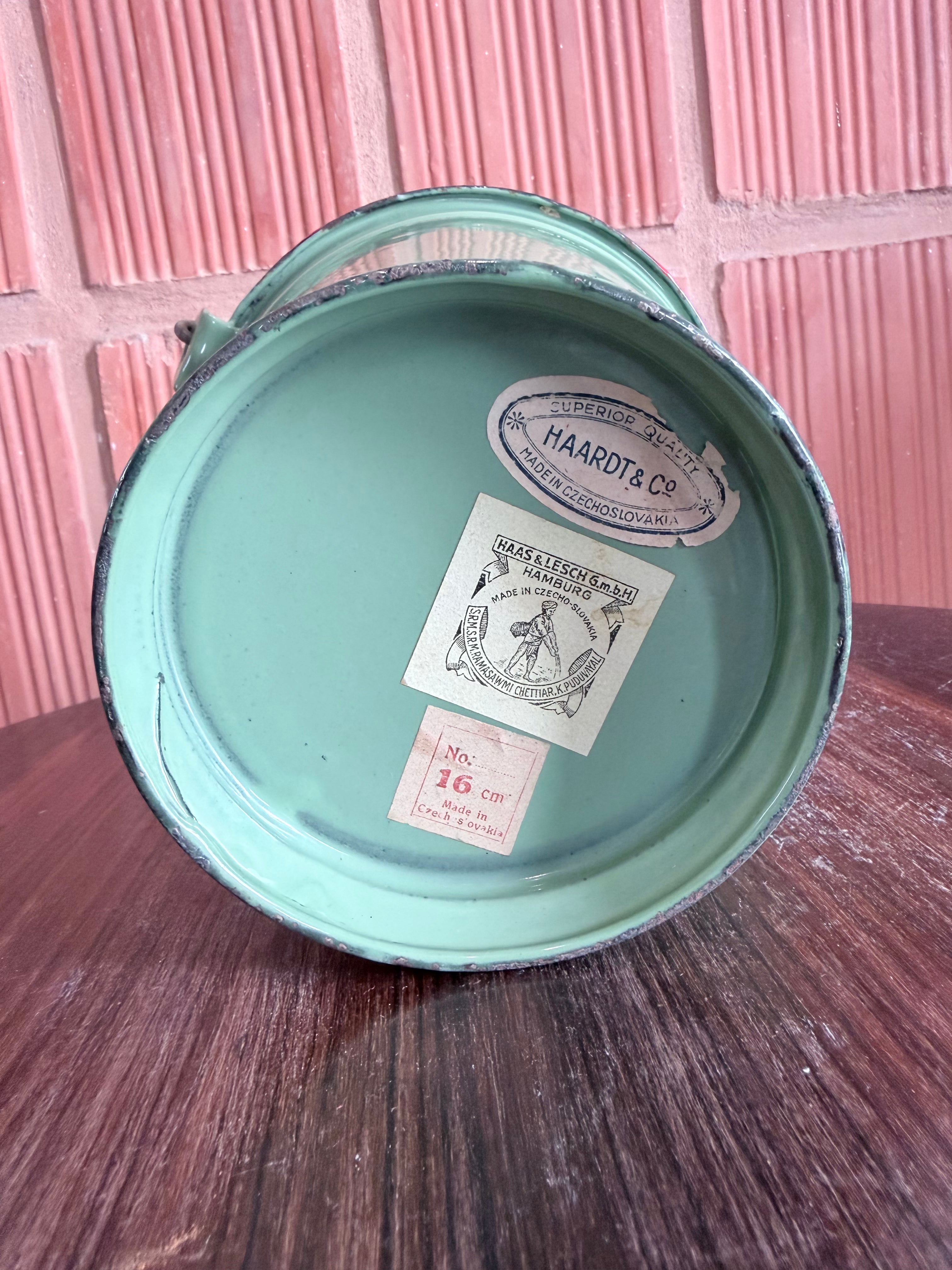 Vintage Czechoslovakian Enamel Bucket with Wooden Handle – Antique Green & Red Rim Pail | European Utility Collectible