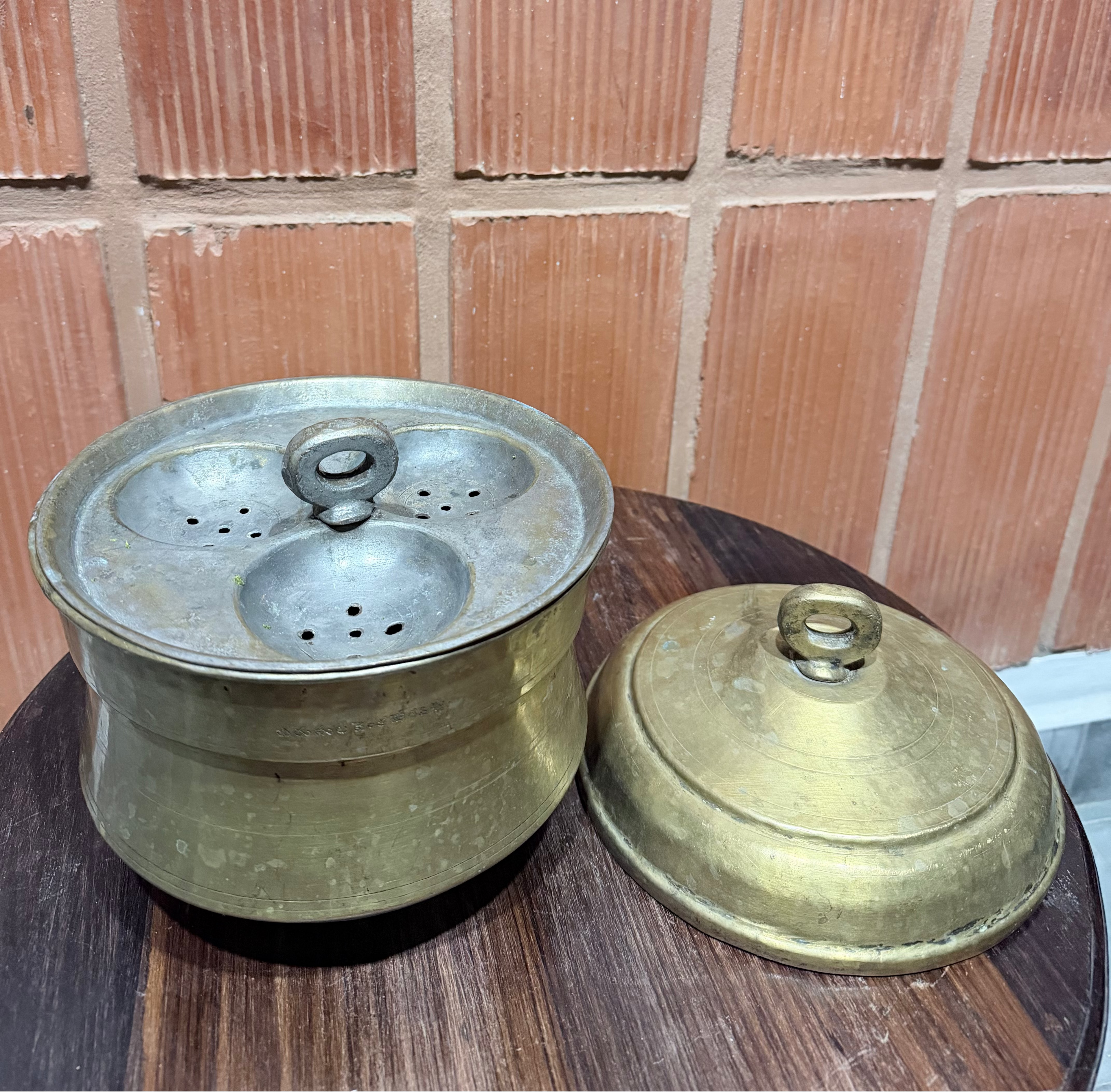 Antique Brass Handcrafted Idli Pot | Steamer | Cooker | South Indian Idli Patra with 2 Inserts; 6 Idli Moulds | Polished | Tin Coated