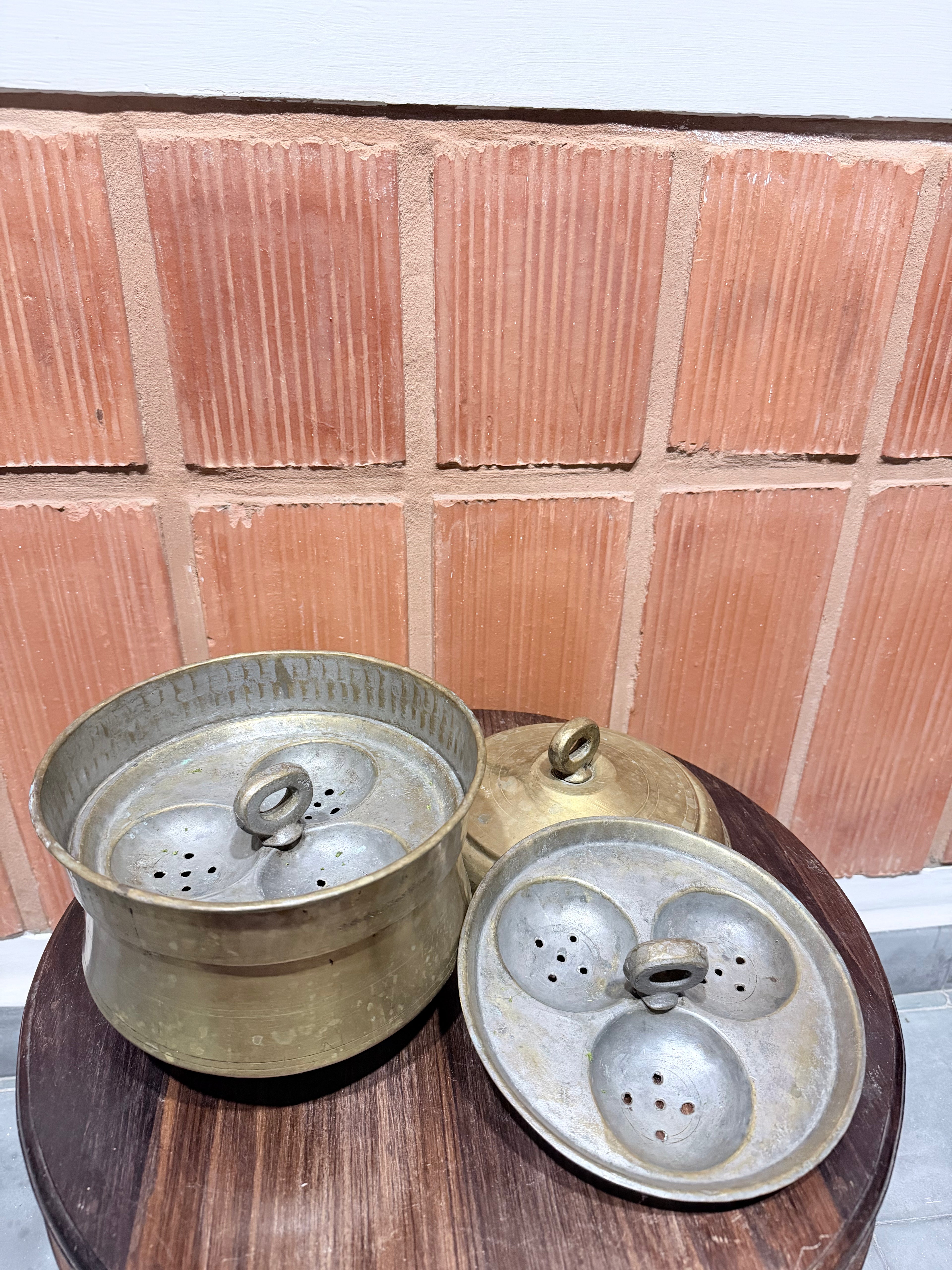 Antique Brass Handcrafted Idli Pot | Steamer | Cooker | South Indian Idli Patra with 2 Inserts; 6 Idli Moulds | Polished | Tin Coated
