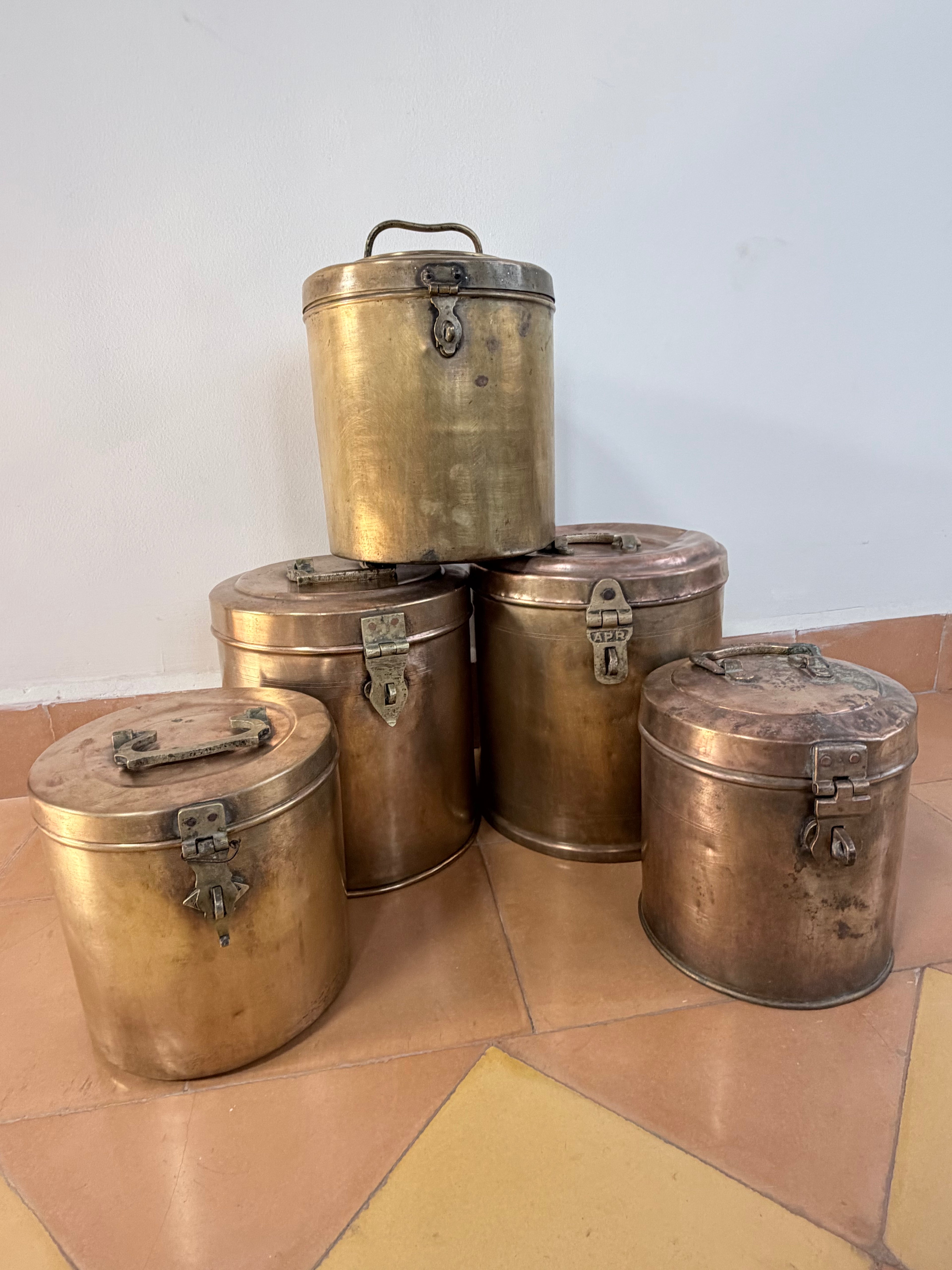 Rare Antique Brass Kitchen Storage Canisters Set | Handcrafted Vintage Indian Spice & Storage Containers | Collectible Brass Utility Tins (Set of 5)