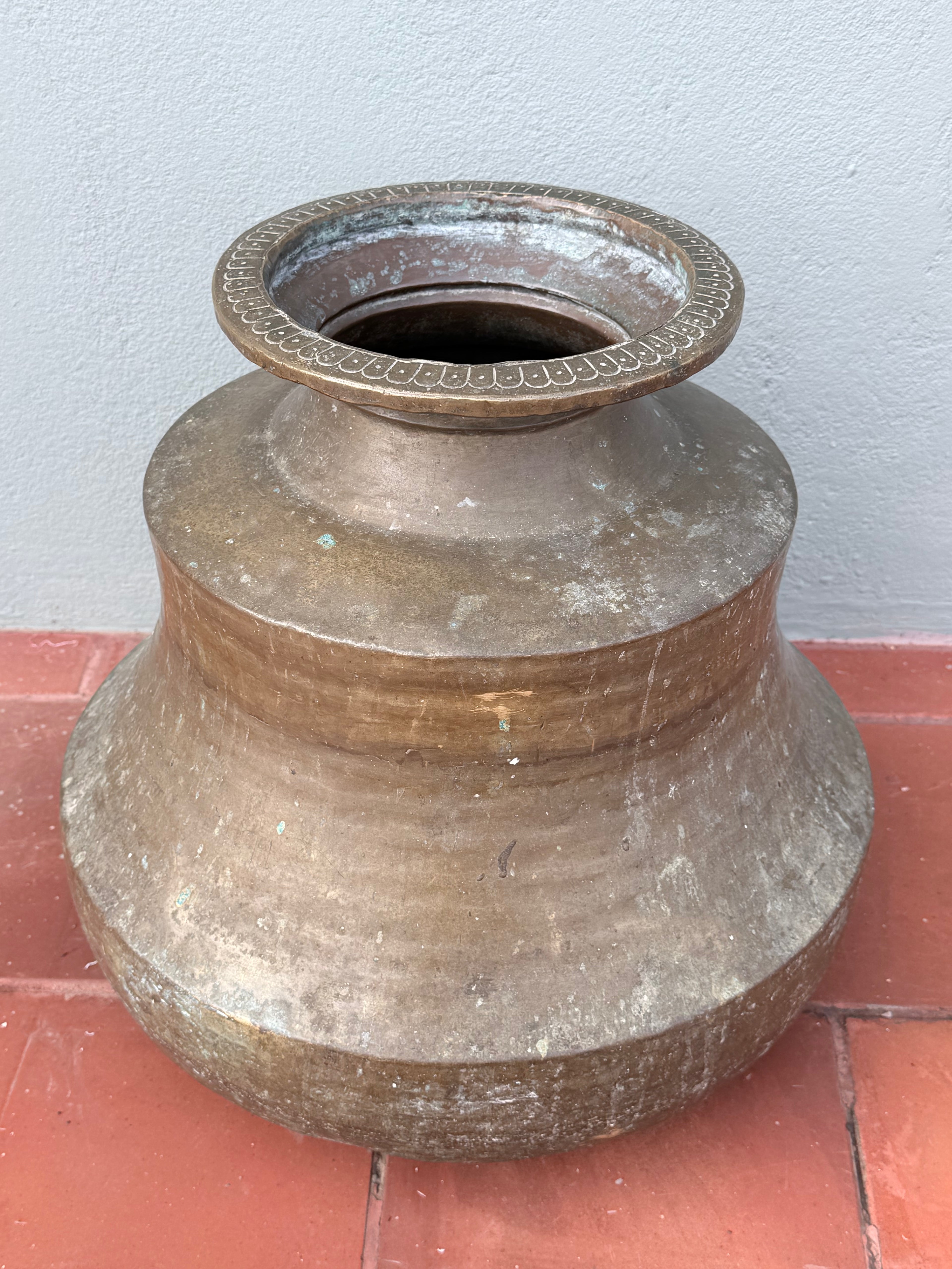 Antique Brass Water Storage Vessel | Traditional Indian Handcrafted Pot | Vintage Decorative Urn with Engraved Rim