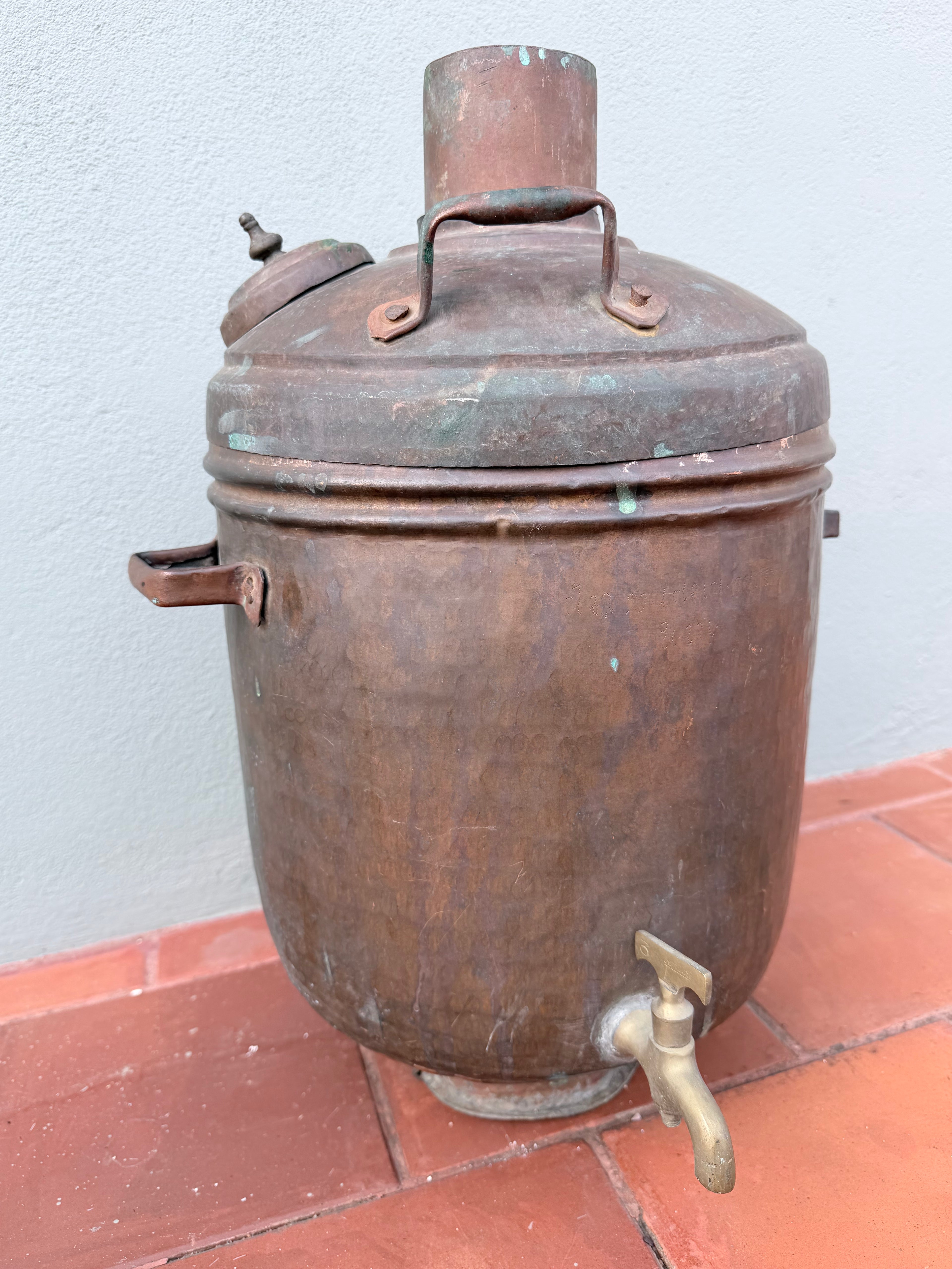 Antique Copper Boiler with Brass Tap | Vintage Indian Water Heating Vessel | Traditional Copper Samovar Style Boiler